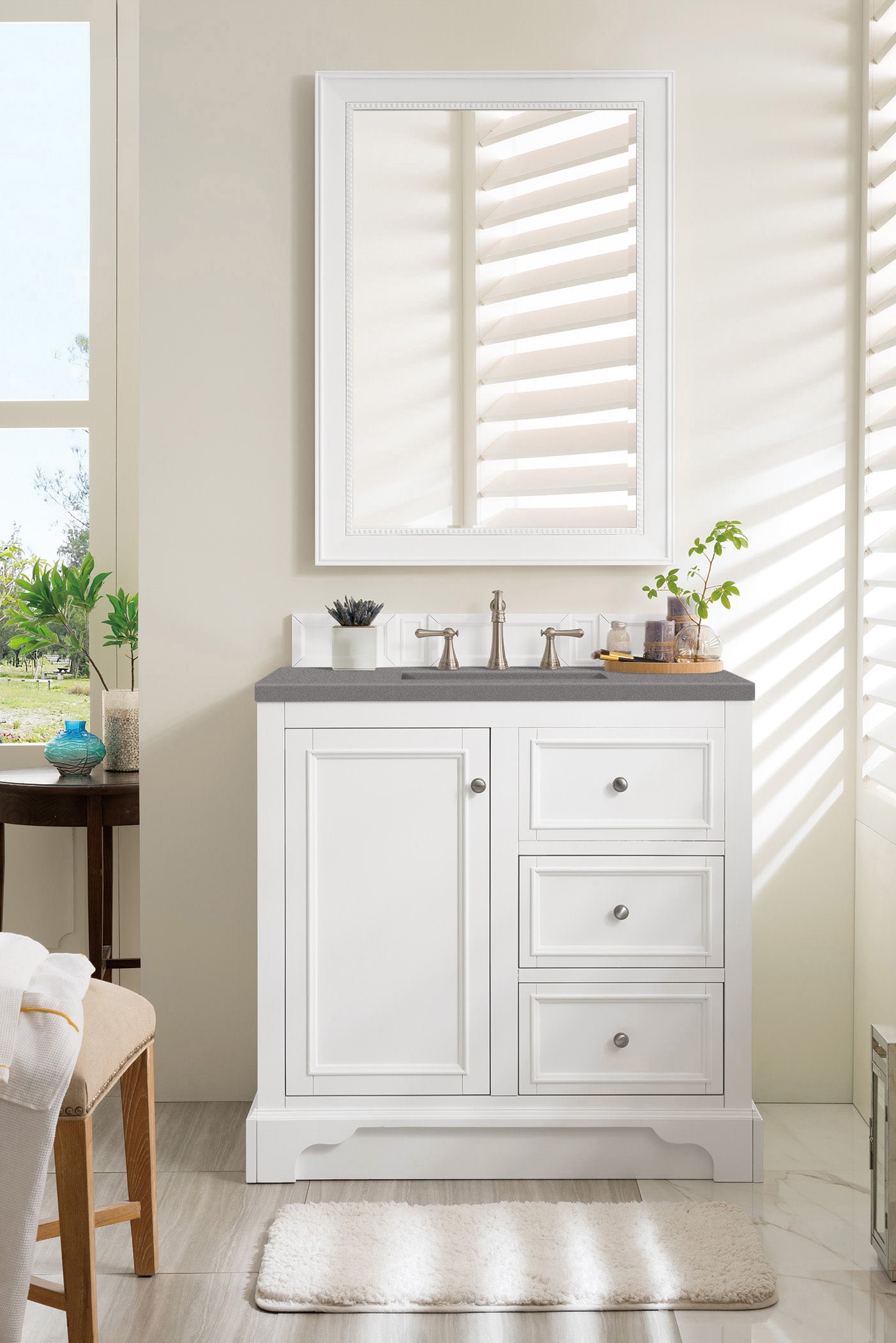 De Soto 36 Inch Single Bathroom Vanity Set with Bright White Finish & 3CM Grey Expo Quartz Countertop - Perfect for Modern Bathroom Remodeling and Small Space Design