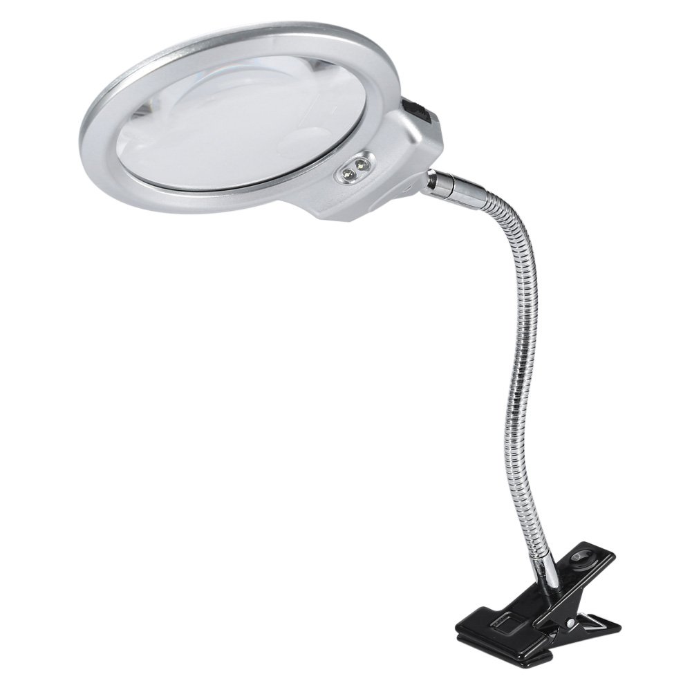 LED Magnifying Desk Lamp with 2.25X & 5X Magnification - Adjustable Swing Arm Lighted Magnifier with Metal Hose Clamp for Reading, Crafts, Jewelry Making and Precision Work