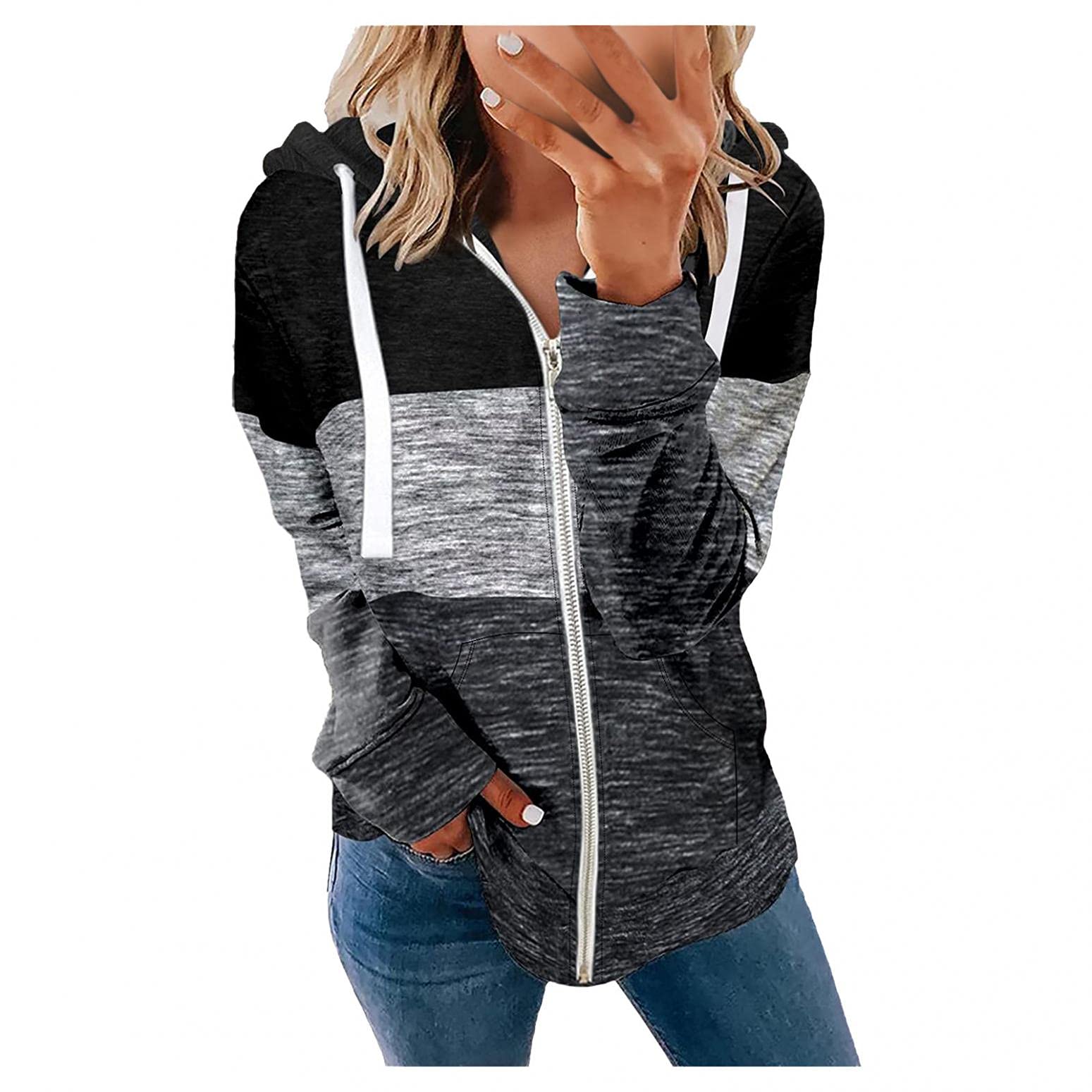 Women's Lightweight Zip-Up Hoodie with Long Sleeves - Color Block Full-Zip Hooded Sweatshirt Jacket for Casual Wear, Gym, and Outdoor Activities