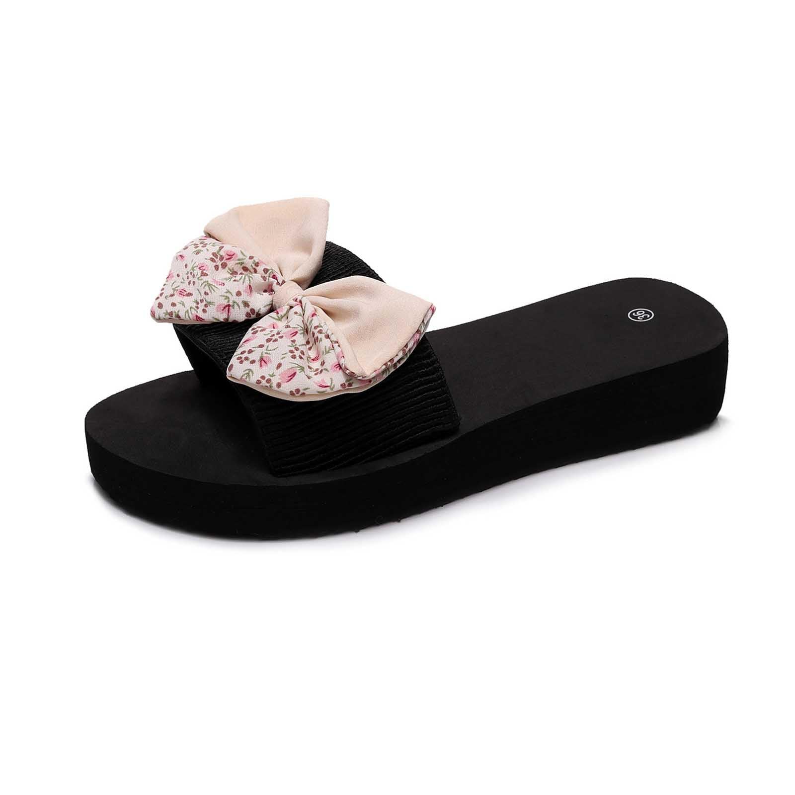 Oelaio Women's Summer Flip Flops - Boho Linen Floral Bow Flat Sandals for Women | Comfortable Beach Sandals, Casual Walking Shoes for Vacation, Poolside & Outdoor Wear