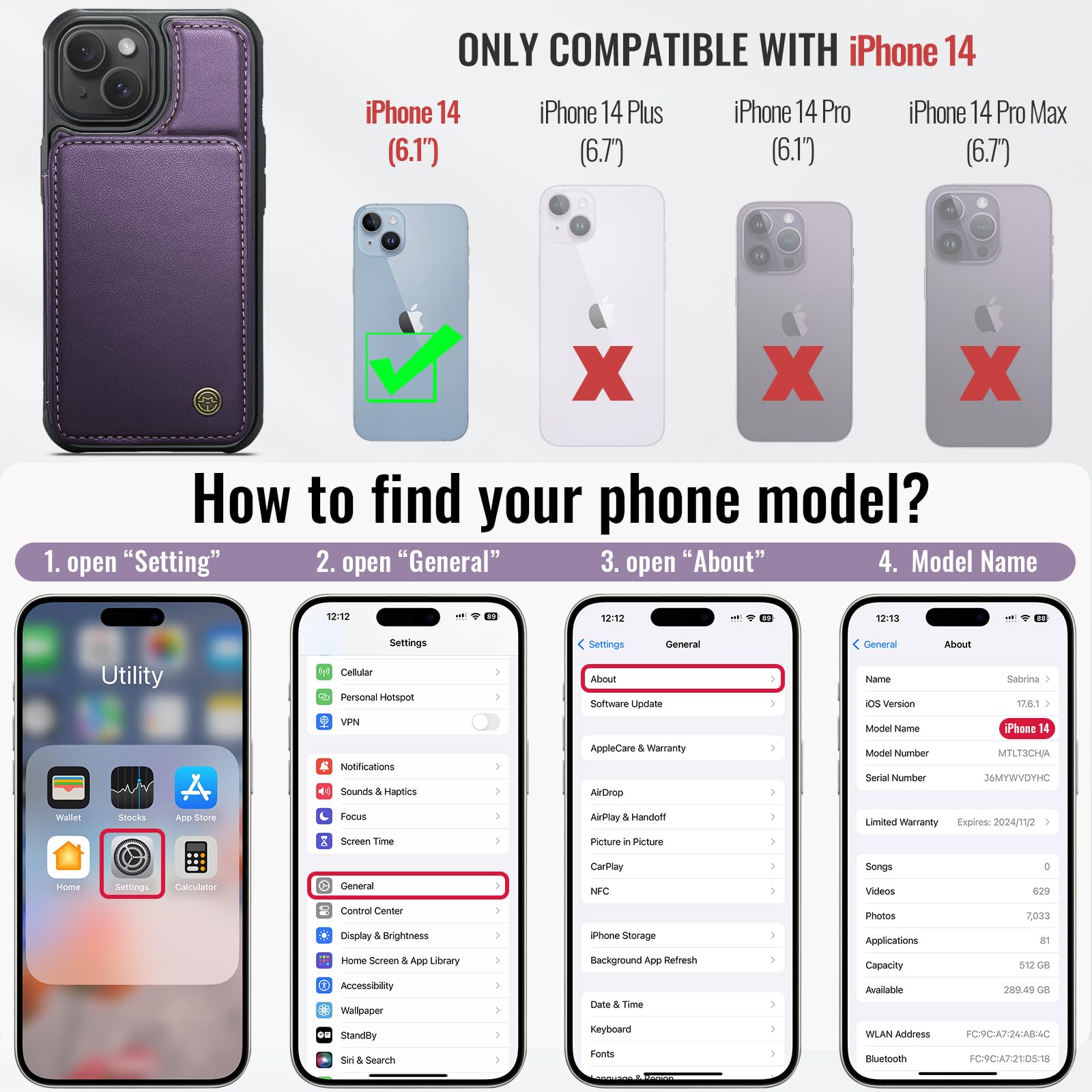 Vinich iPhone 14 Wallet Case with Card Holder & Kickstand - RFID Blocking Credit Card Slots, Shockproof Protective Phone Cover for Women & Men (Purple) - Perfect for Travel, Work & Everyday Use