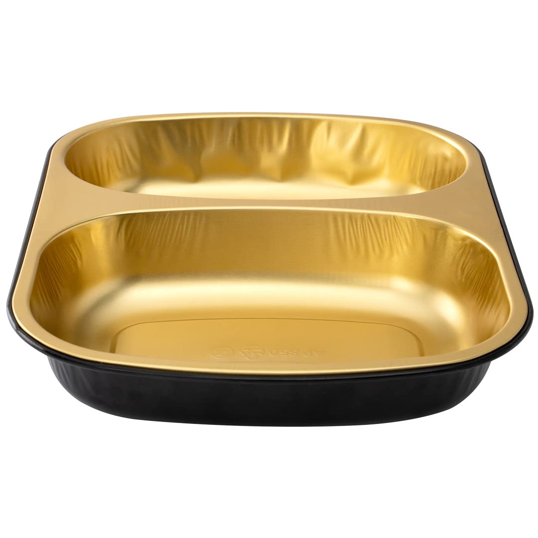 Restaurantware Foil Lux 28oz Aluminum Food Containers - 100 Pack Rectangle Foil Trays with 2 Compartments (Lids Sold Separately) | Oven-Safe Black & Gold Baking Pans for Meal Prep, Catering, Takeout & Party Serving