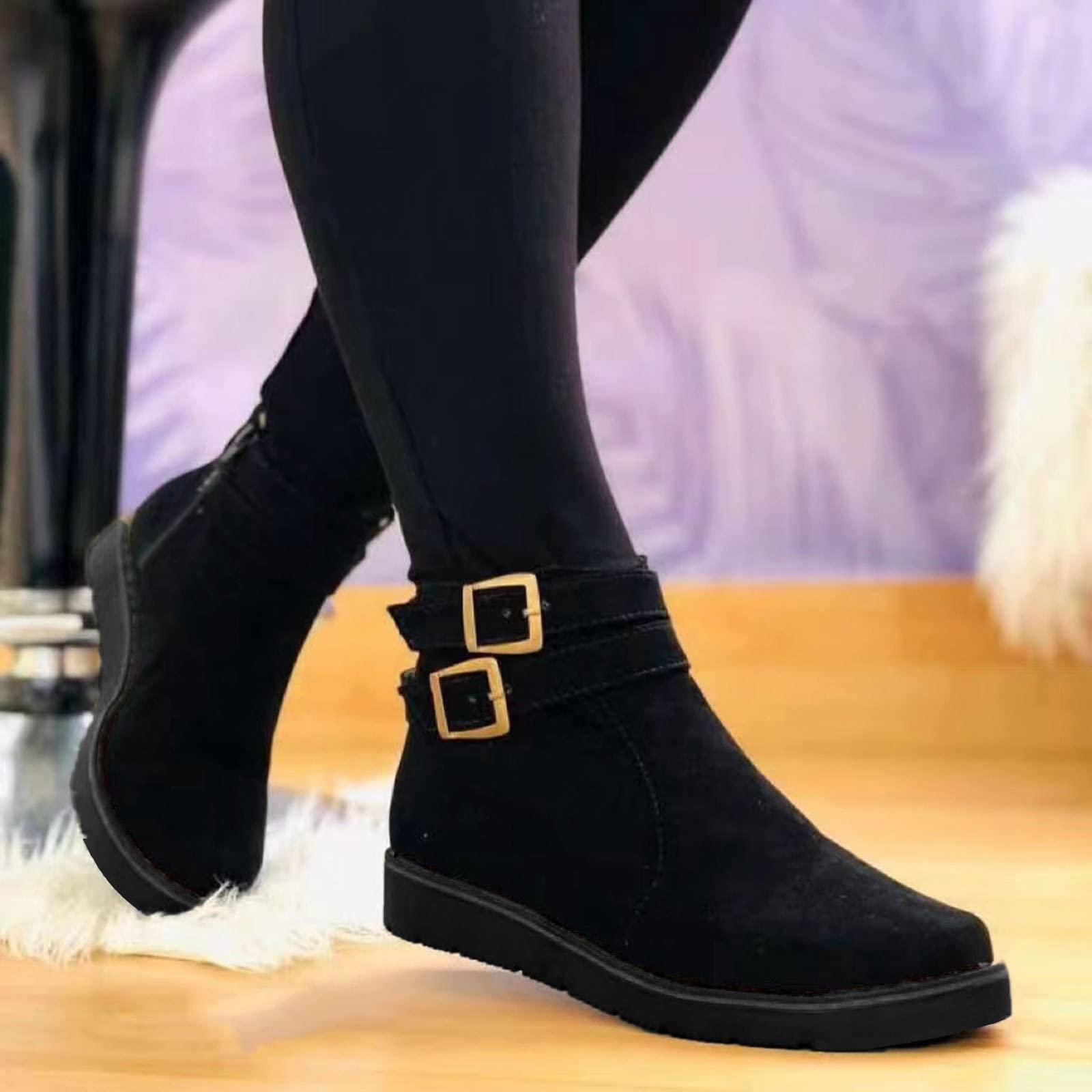 Women's Western Ankle Boots with Metal Buckle - Fleece Lined Cowgirl Booties for Fall - Lightweight Suede Fashion Boots for Walking, Riding & Country Style Outfits