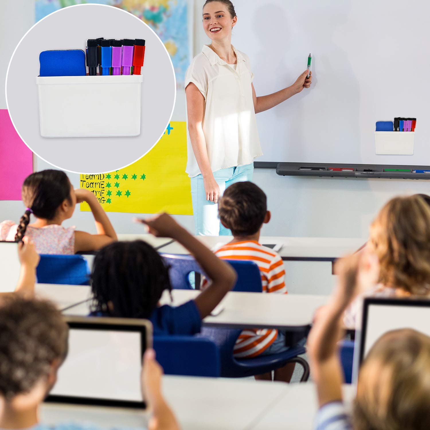 2-Pack Magnetic Whiteboard Marker Holder with 2 Compartments - Strong Magnet Pen Organizer for Dry Erase Markers - Perfect for Office, Classroom & Home Organization