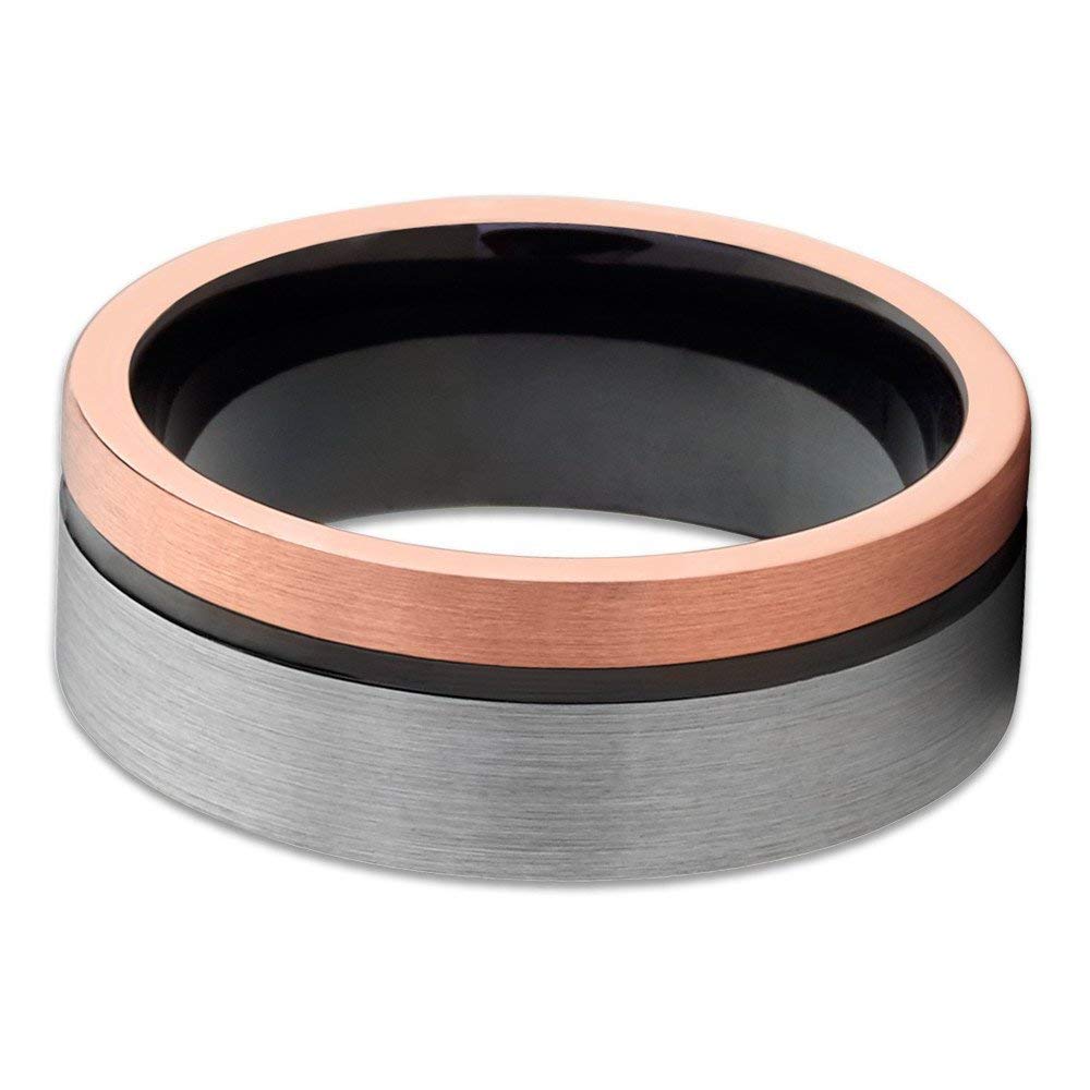 Rose Gold Tungsten Wedding Band for Men & Women - 18k Rose Gold Plated Black Tungsten Ring - Anniversary & Engagement Ring - Comfort Fit Design for Everyday Wear & Special Occasions