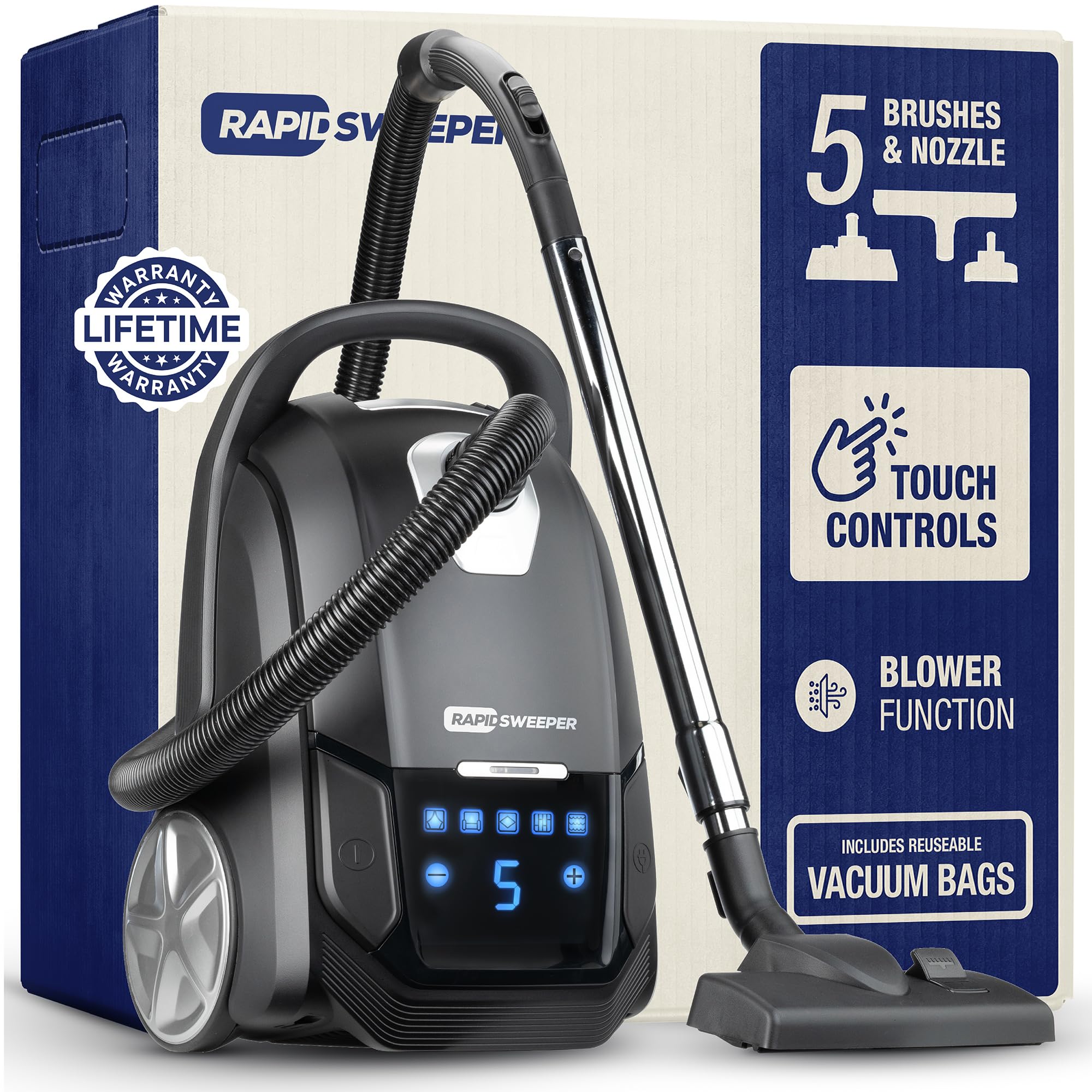 Bagged Canister Vacuum Cleaner & Blower - 5L Capacity with Washable HEPA Filter - 5 Speed Settings for Hardwood Floors & Low-Medium Pile Carpets - Lightweight Design with Retractable Cord - Perfect for Home Cleaning, Pet Hair Removal, and Quick Debris Cleanup