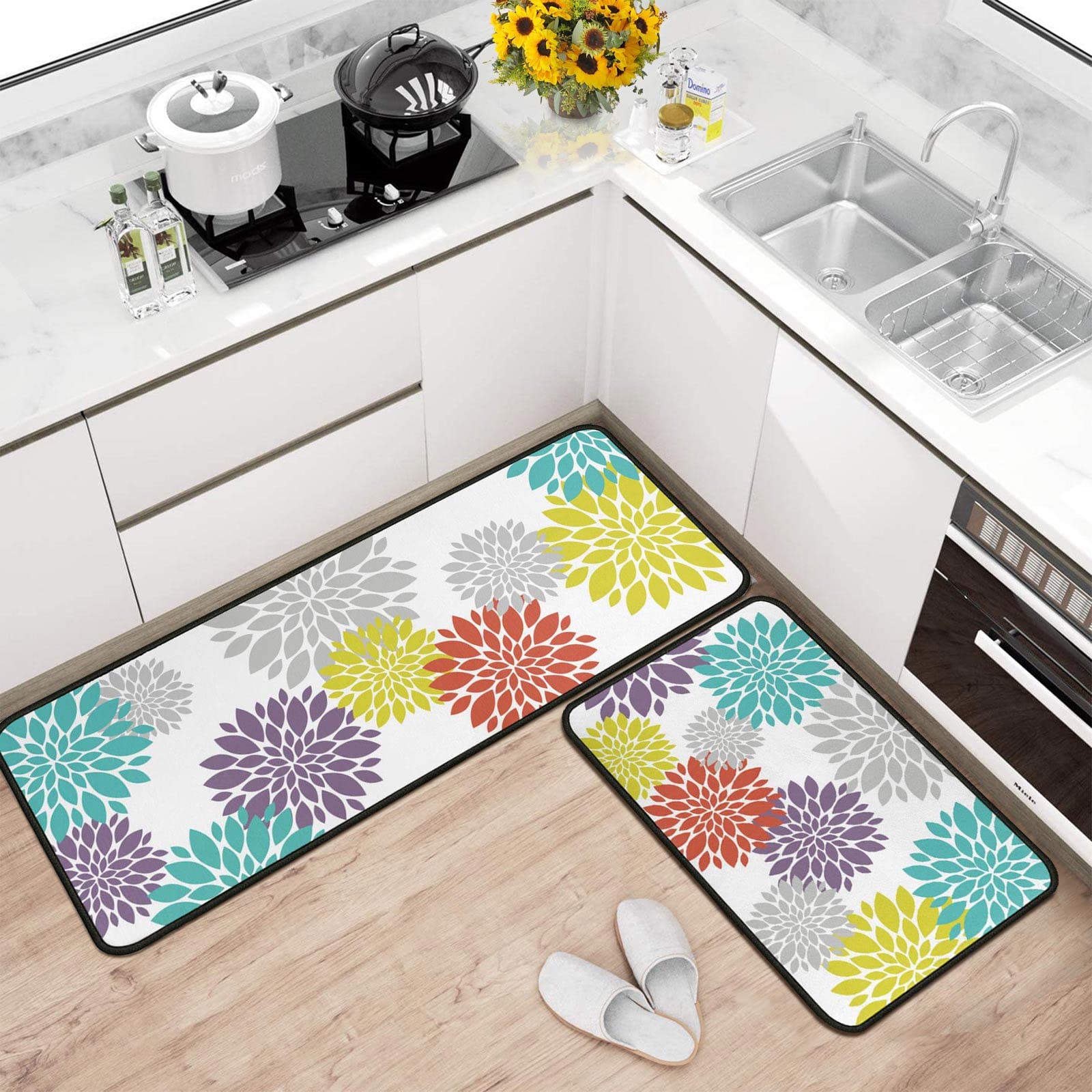Vibrant Floral Kitchen Rugs Set of 2 - Non-Slip Cushioned Floor Mats, Washable Farmhouse Decor (17