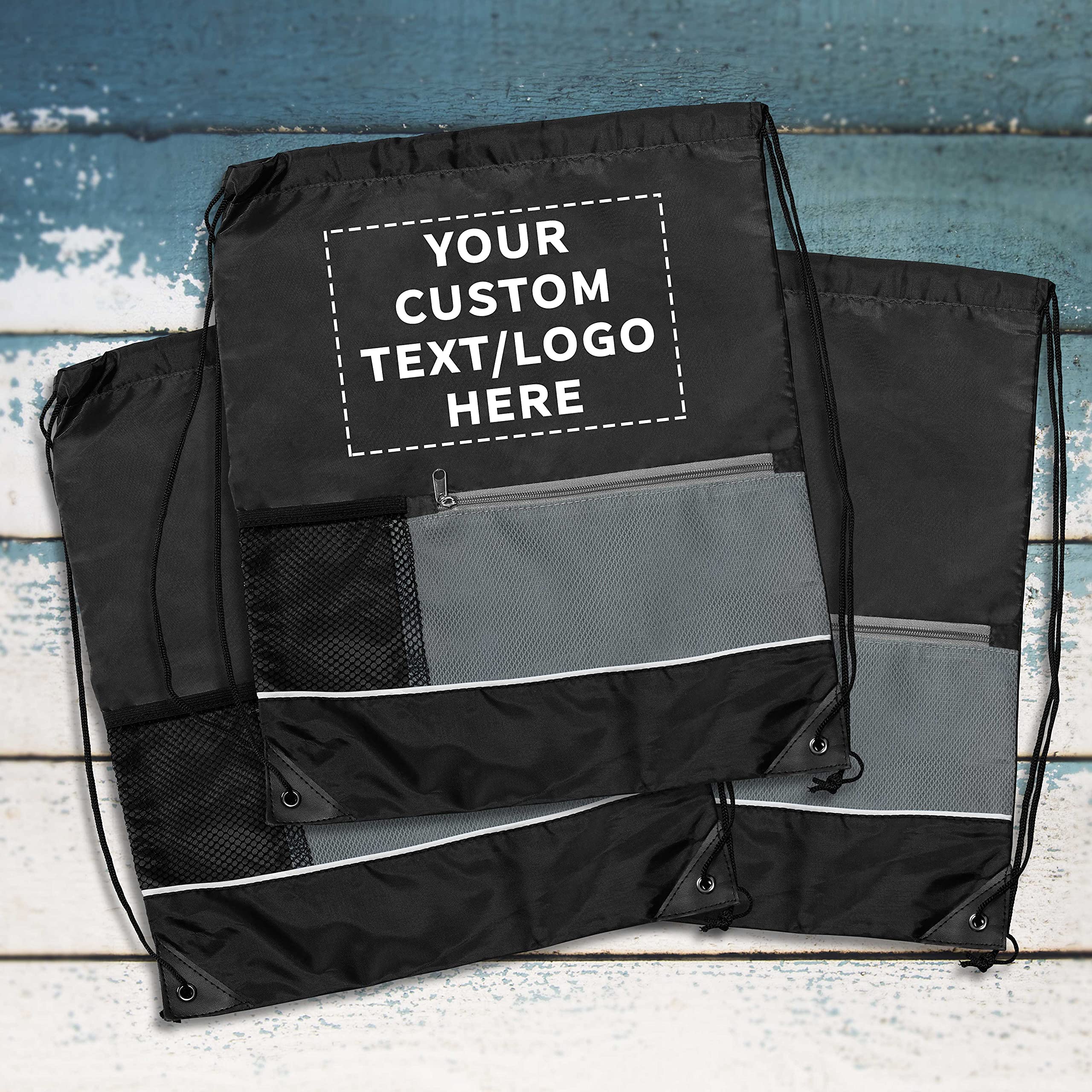 Custom Front Pocket Drawstring Backpacks - Bulk Pack of 10 Personalized Reusable Bags | Lightweight Sports & Promotional Backpacks for Gym, Travel & Events - Black