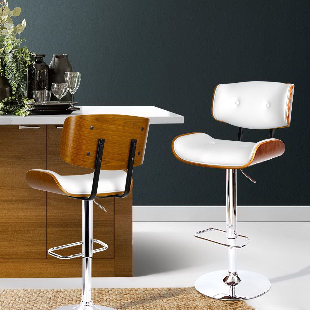 Artiss Adjustable Height Two Bar Stools with Gas Lift Mechanism - White Leather Counter Stools for Kitchen Island, Bar & Dining Room
