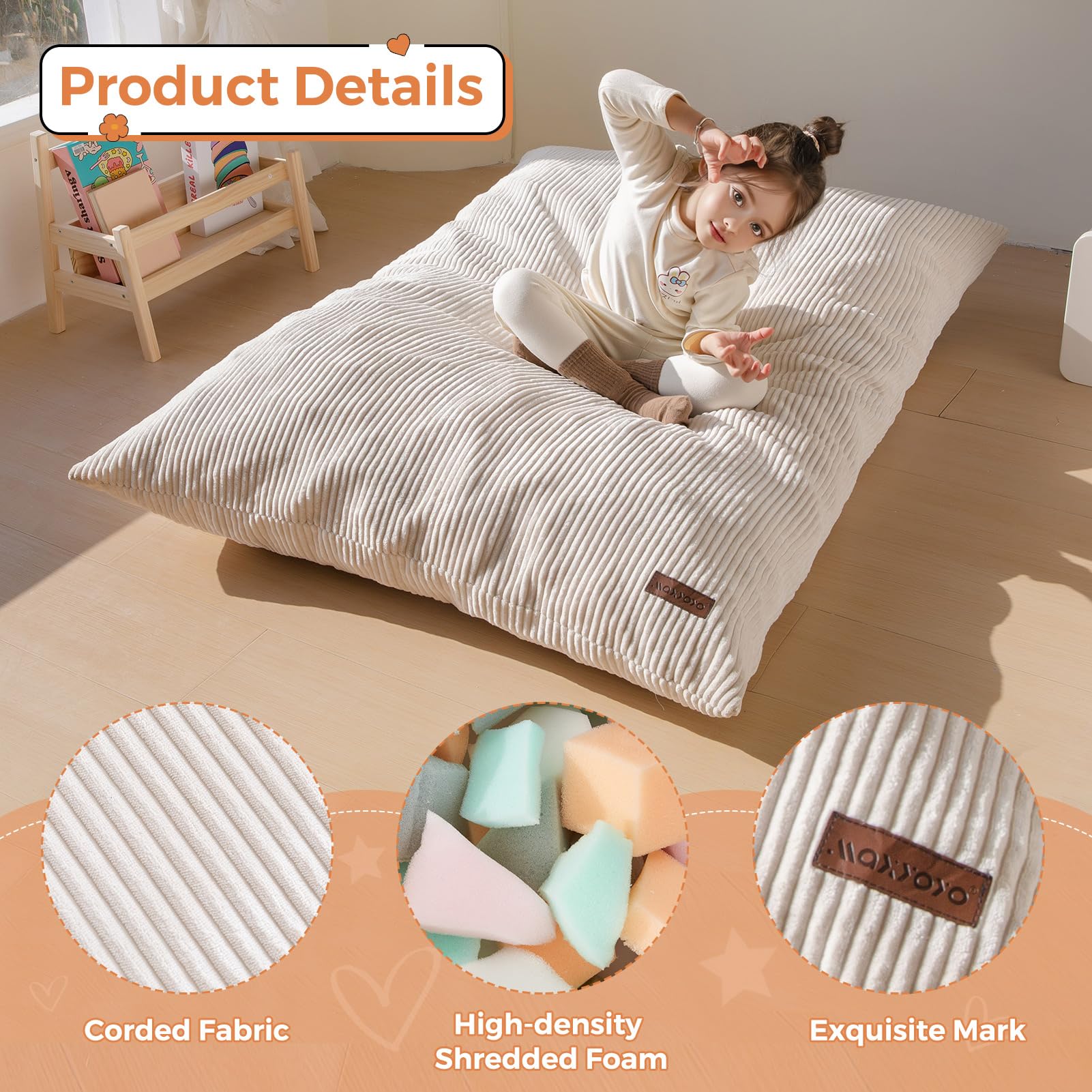 MAXYOYO 3-in-1 Convertible Kids Bean Bag Chair & Bed - Multi-Functional Floor Sofa for Children's Room, Gaming, Reading & Nap Time - Soft Beige Fabric for Comfort & Style