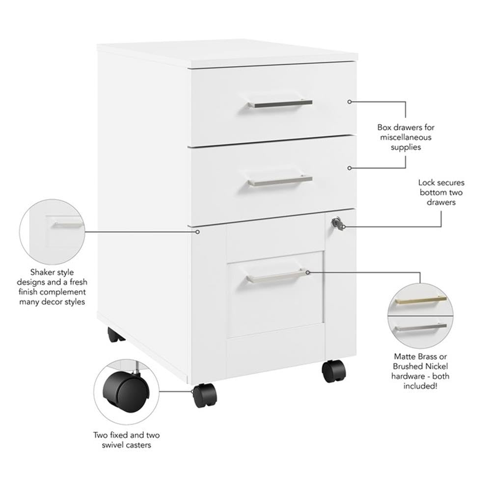 Bush Business Furniture Hampton Heights 3-Drawer Mobile File Cabinet - White Office Storage Organizer for Home & Workspace | Perfect for Document Filing, Office Supplies & Home Organization