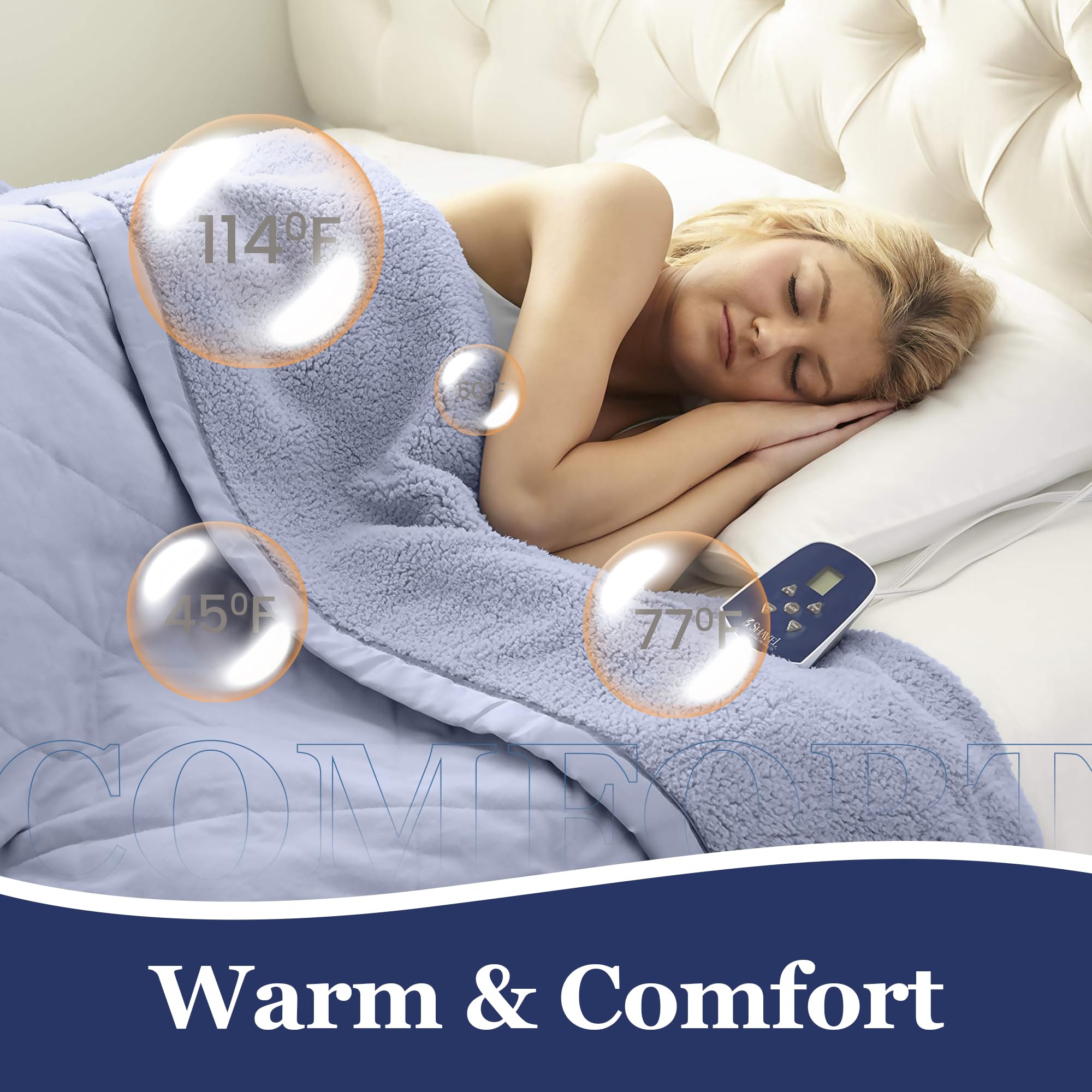 Thermee Micro Flannel Heated Blanket with Sherpa Back - King Size Electric Blanket with 10 Heat Settings, Programmable Fast Heating & Ultra-Soft Thermal Throw - Perfect for Winter Nights, Bedroom Comfort & Cozy Home Decor (English Blue)