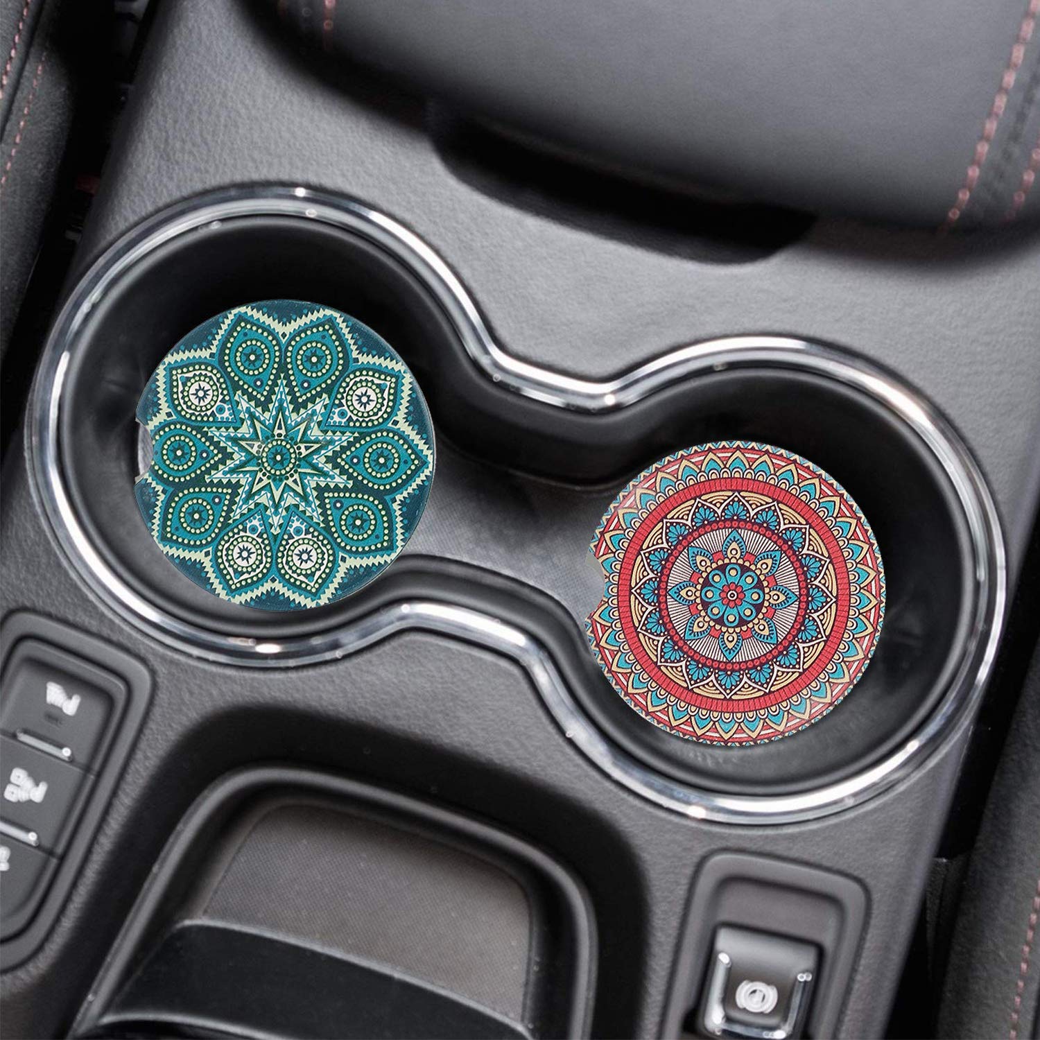 2 Pack Absorbent Mandala Ceramic Car Coasters - Non-Slip Drink Coasters for Car Cup Holders | Car Accessories & Decor for Women | Perfect for Road Trips, Commuting & Coffee Lovers