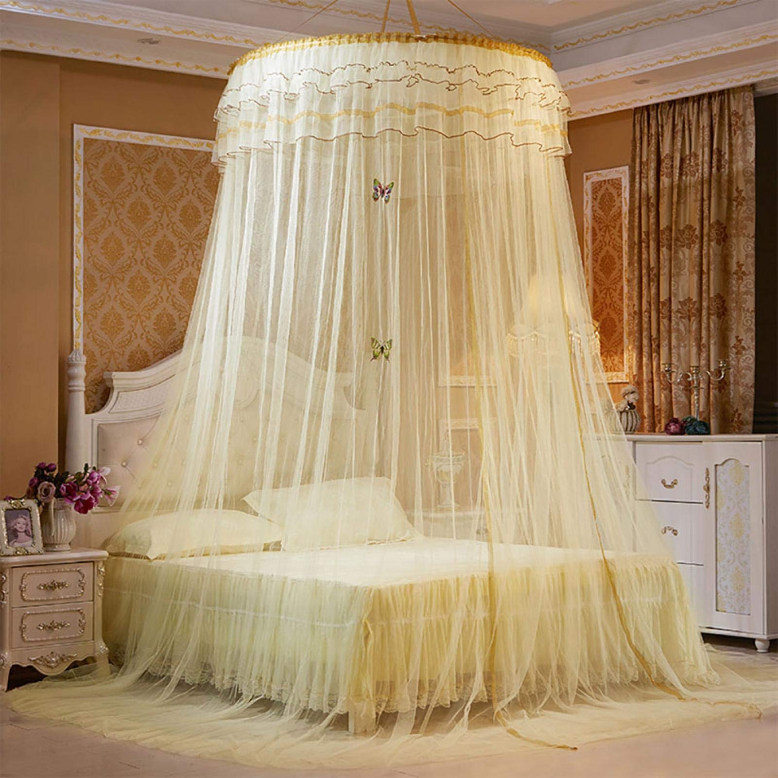 Breathable Round Lace Princess Bed Canopy for Kids & Baby - 360° Foldable Bed Tent with Netting, Home Decoration for Nursery & Bedroom (Beige) | Perfect for Birthday Gifts, Room Makeovers & Princess-Themed Decor