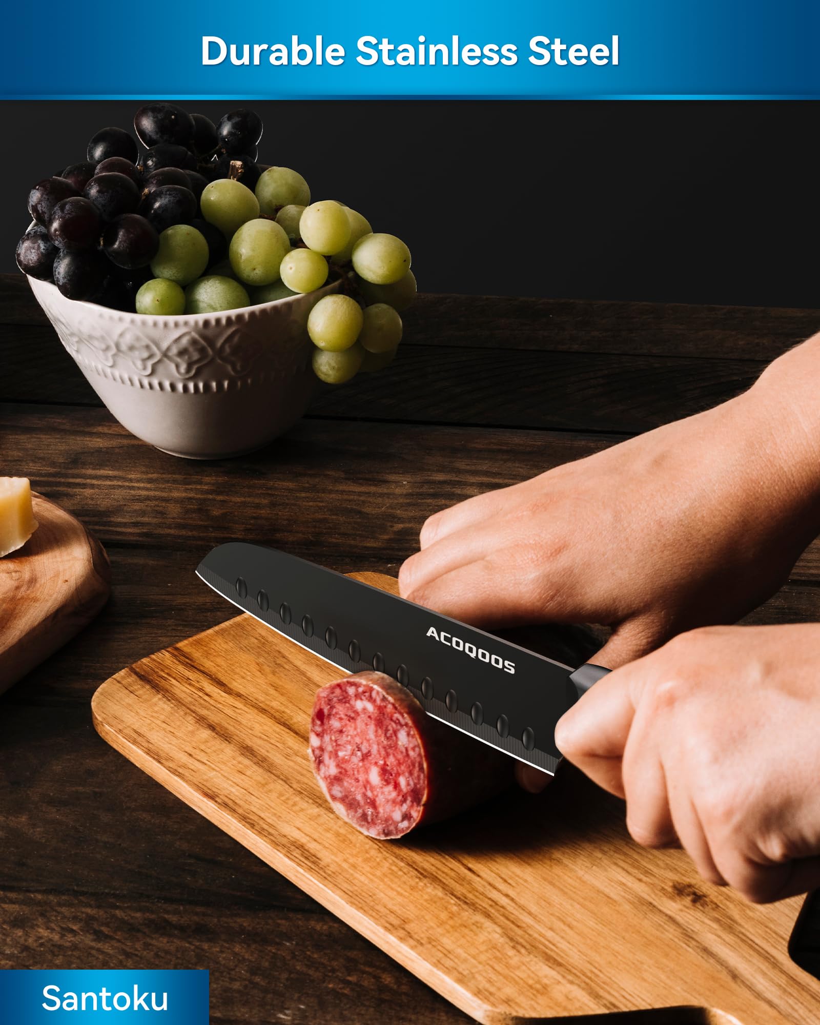 ACOQOOS 10-Piece Stainless Steel Knife Set with Wooden Block & Built-in Sharpener - Professional Kitchen Knives for Chopping, Slicing, Dicing - Perfect for Home Cooking, Restaurant & Gift Giving