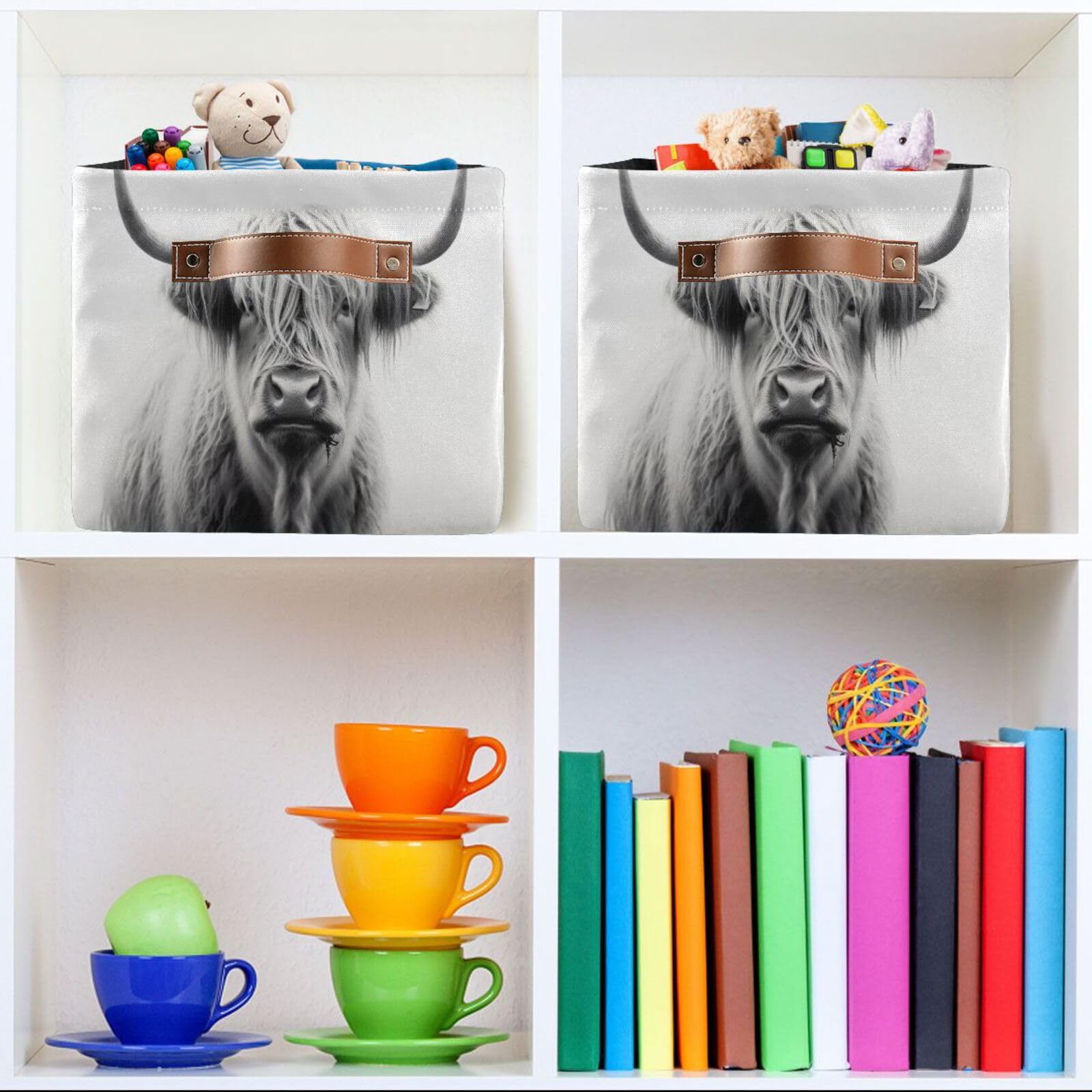 Highland Cow Storage Baskets 2-Pack - Woven Closet Organizer Bins for Shelves, Bedroom & Nursery | Farmhouse Home Decor Storage Solutions for Toys, Blankets & Laundry