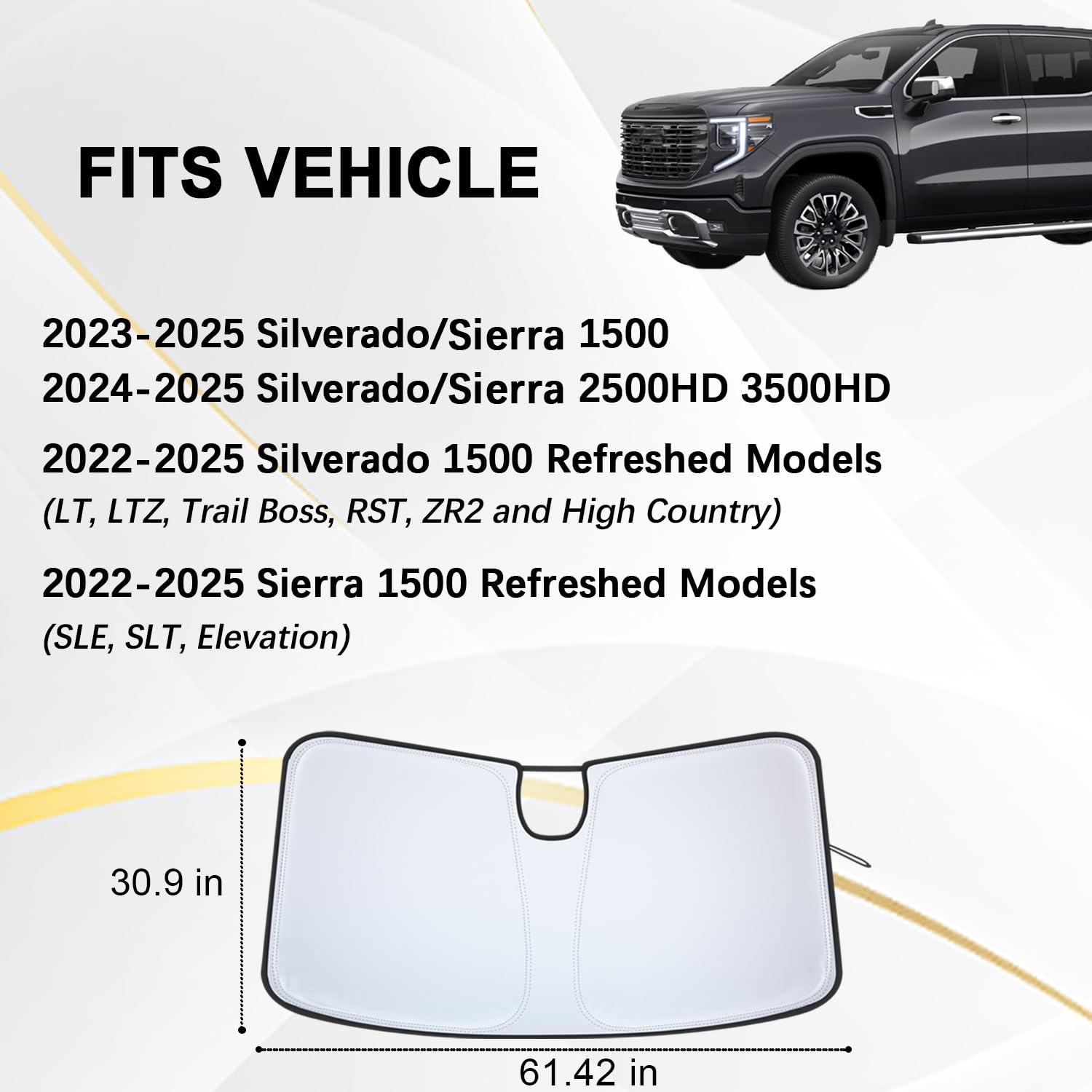 Custom Fit Windshield Sun Shade for 2023-2025 Chevy Silverado 1500 & GMC Sierra 1500 | 2024-2025 Silverado/Sierra 2500HD 3500HD | 2022-2025 Refreshed Models | UV Protection & Heat Blocking | Foldable Car Sun Visor with Storage Pouch | Perfect for Summer Parking & Road Trips