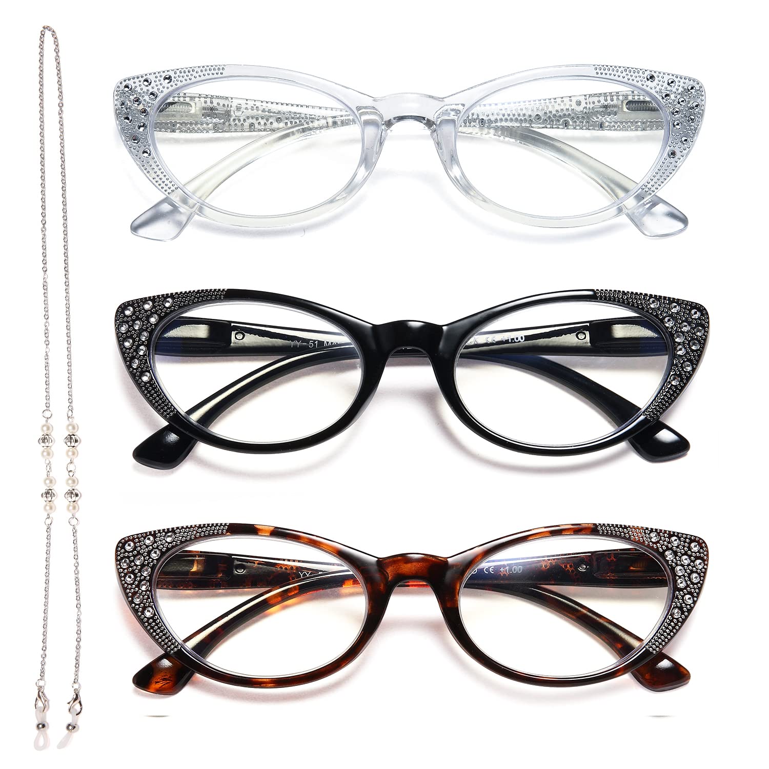 EYEURL Cat Eye Reading Glasses for Women - Blue Light Blocking 3 Pack Fashion Readers with Spring Hinge, Anti Glare & UV Protection +0.75 Strength - Perfect for Computer Work, Reading & Office Use
