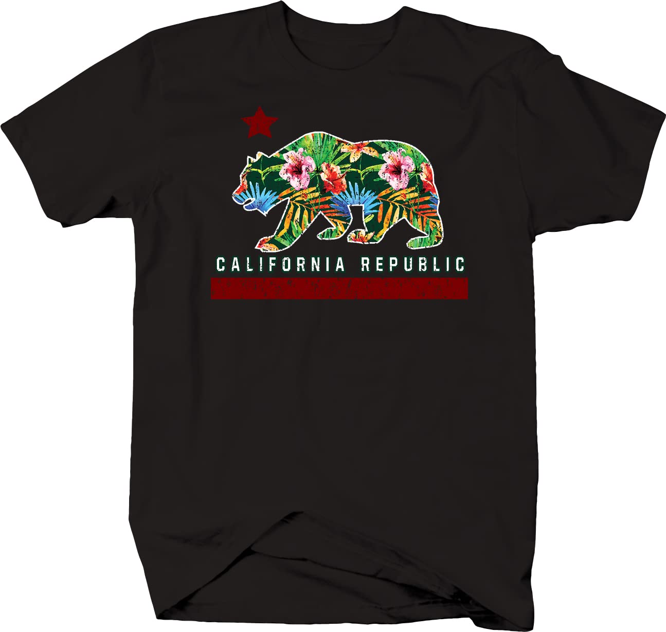 California Republic Bear Tropical Floral Print Men's T-Shirt - Black | Casual Summer Shirt for Beach, Vacation & Outdoor Activities
