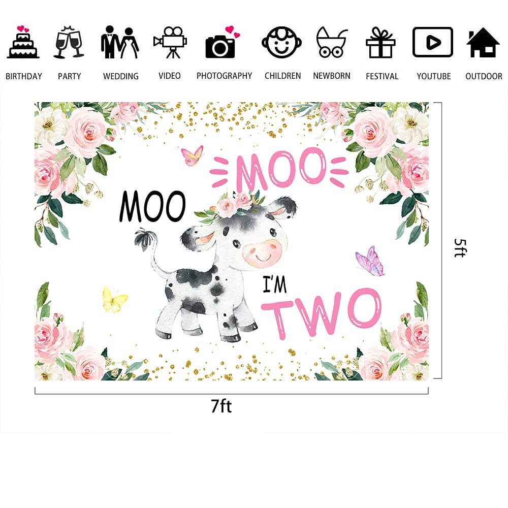 Lofaris Holy Cow 2nd Birthday Party Backdrop - Pink Floral Farm Animals Theme for Girls' 'Moo Moo I'm Two' Celebration - 7x5ft Cake Table Banner & Party Decorations | Perfect for Birthday Photos, Baby Showers, and Farm-Themed Events