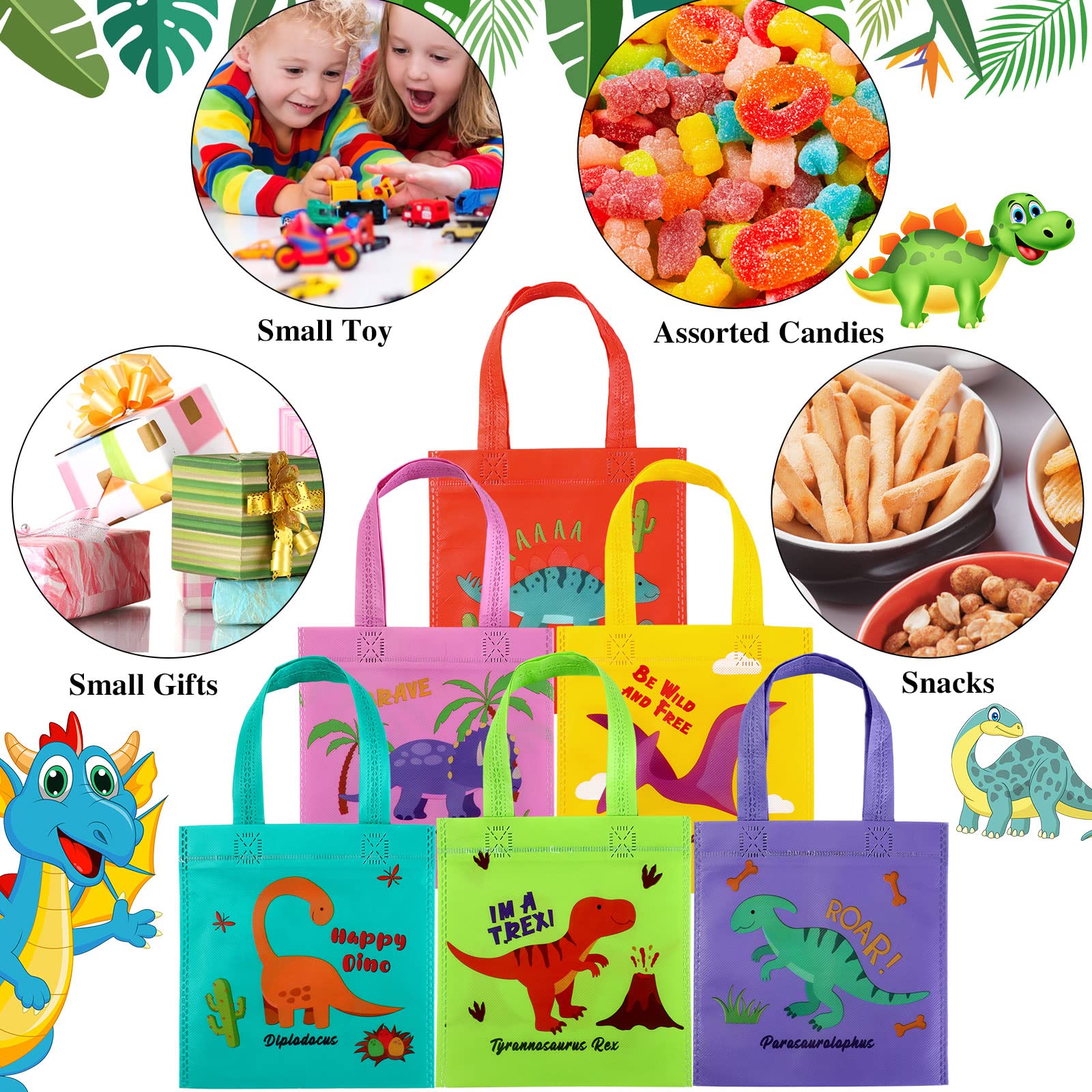 24-Piece Dinosaur Party Favor Bags - Reusable Non-Woven Tote Treat Bags with Handles for Kids Birthday, Dino Themed Party Decorations & Candy Goodie Bags | Perfect for Dinosaur Birthday Parties, Classroom Rewards, and Halloween Treat Bags
