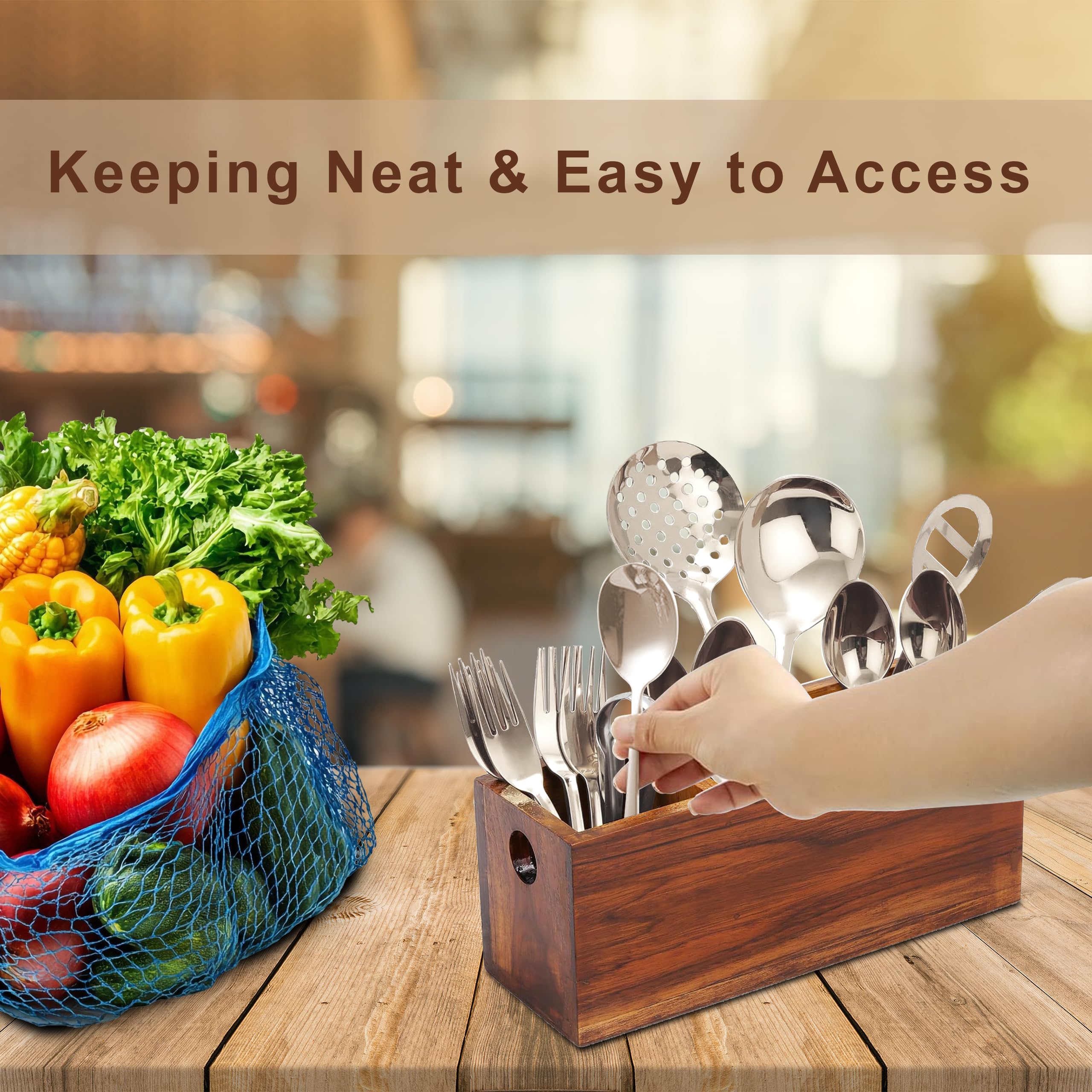 Premium Teak Wood Cutlery Holder for Kitchen, Dining Table & Hotel - 3 Compartment Organizer | Stylish & Durable Utensil Storage for Home & Restaurant Use