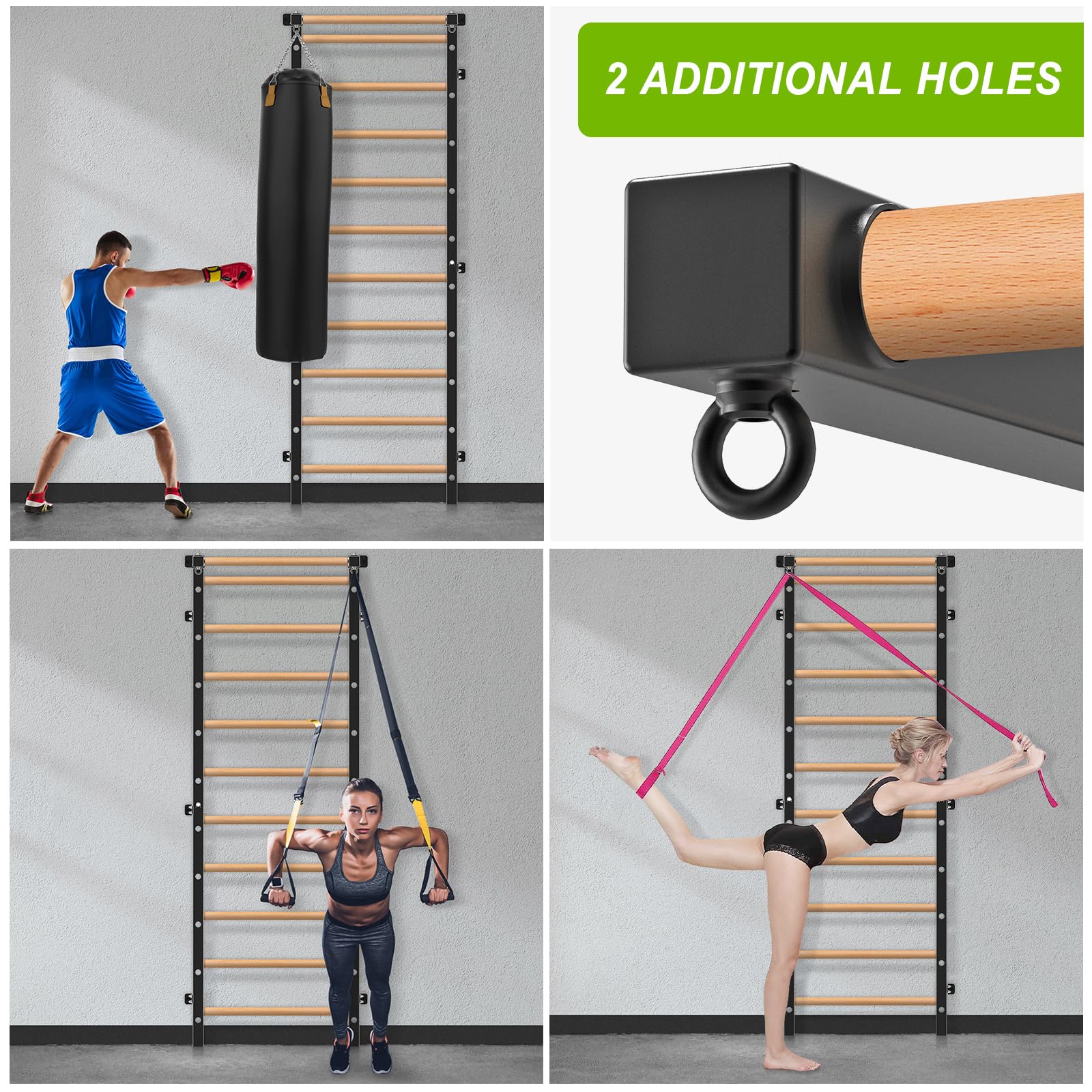 Premium Wood Stall Bar & Swedish Ladder with Pull-Up Bar - 11 Adjustable Strategic Rods for Full-Body Workout - Wall Mounted Suspension Trainer for Home Gym, School, Clinic & CrossFit Training - Perfect for Strength Training, Physical Therapy & Functional Fitness Exercises