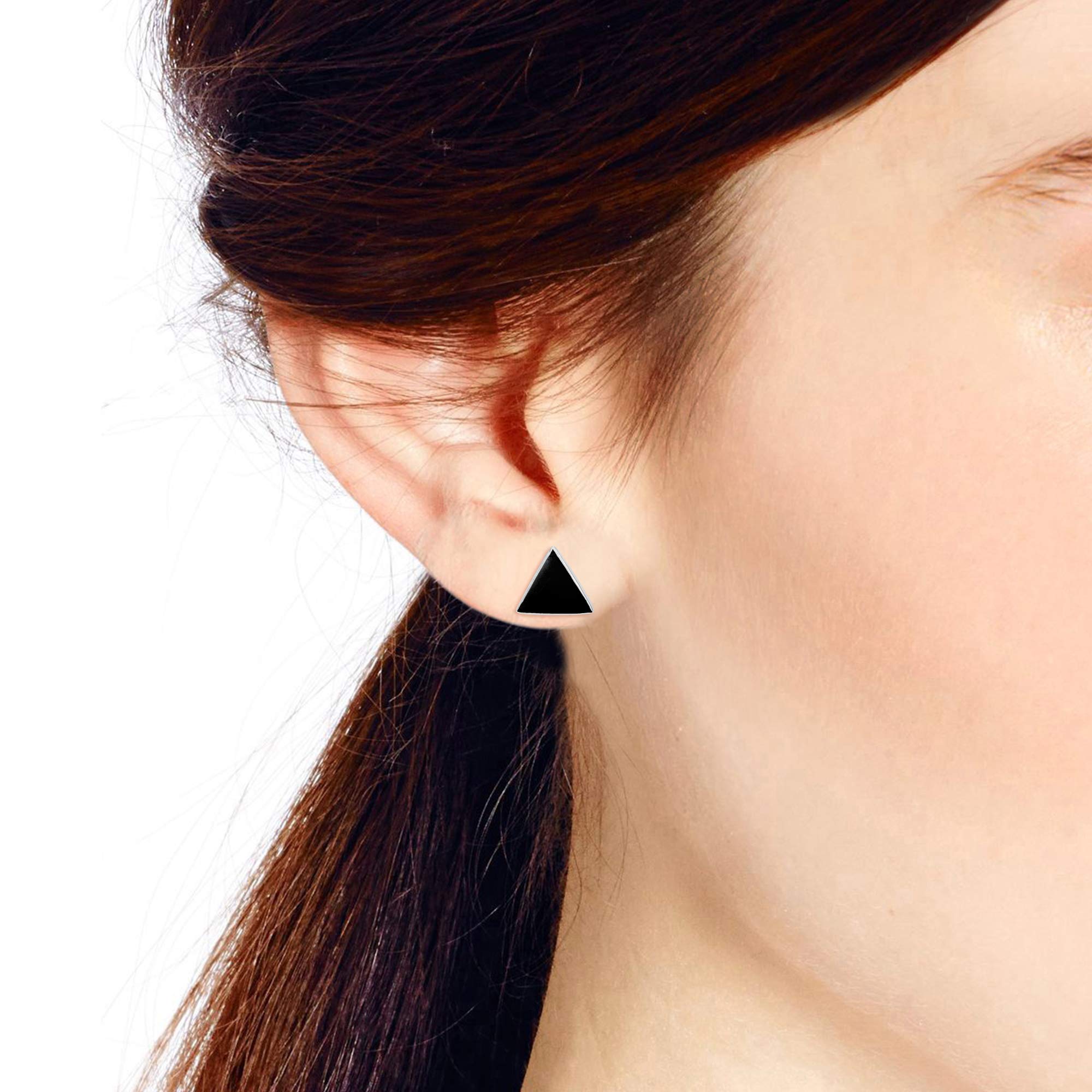 AeraVida Geometric Triangle Disc Simulated Black Onyx .925 Sterling Silver Stud Earrings for Women | Minimalist Black Onyx Stud Earrings | Modern Triangle Earrings for Everyday Wear, Office, and Special Occasions