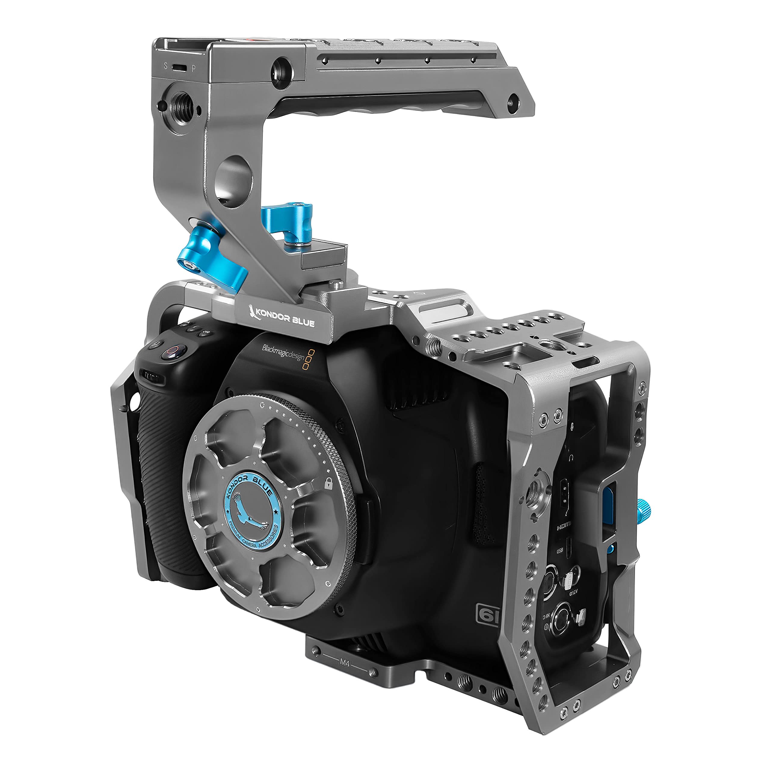 KONDOR BLUE 6K Pro Camera Cage for Blackmagic Design | Lightweight Aerospace Aluminum Rig with Top Handle | Multiple Mounting Points & Built-in HDMI/USB-C Clamps | Space Gray Finish | Perfect for Cinematic Filmmaking & Professional Videography