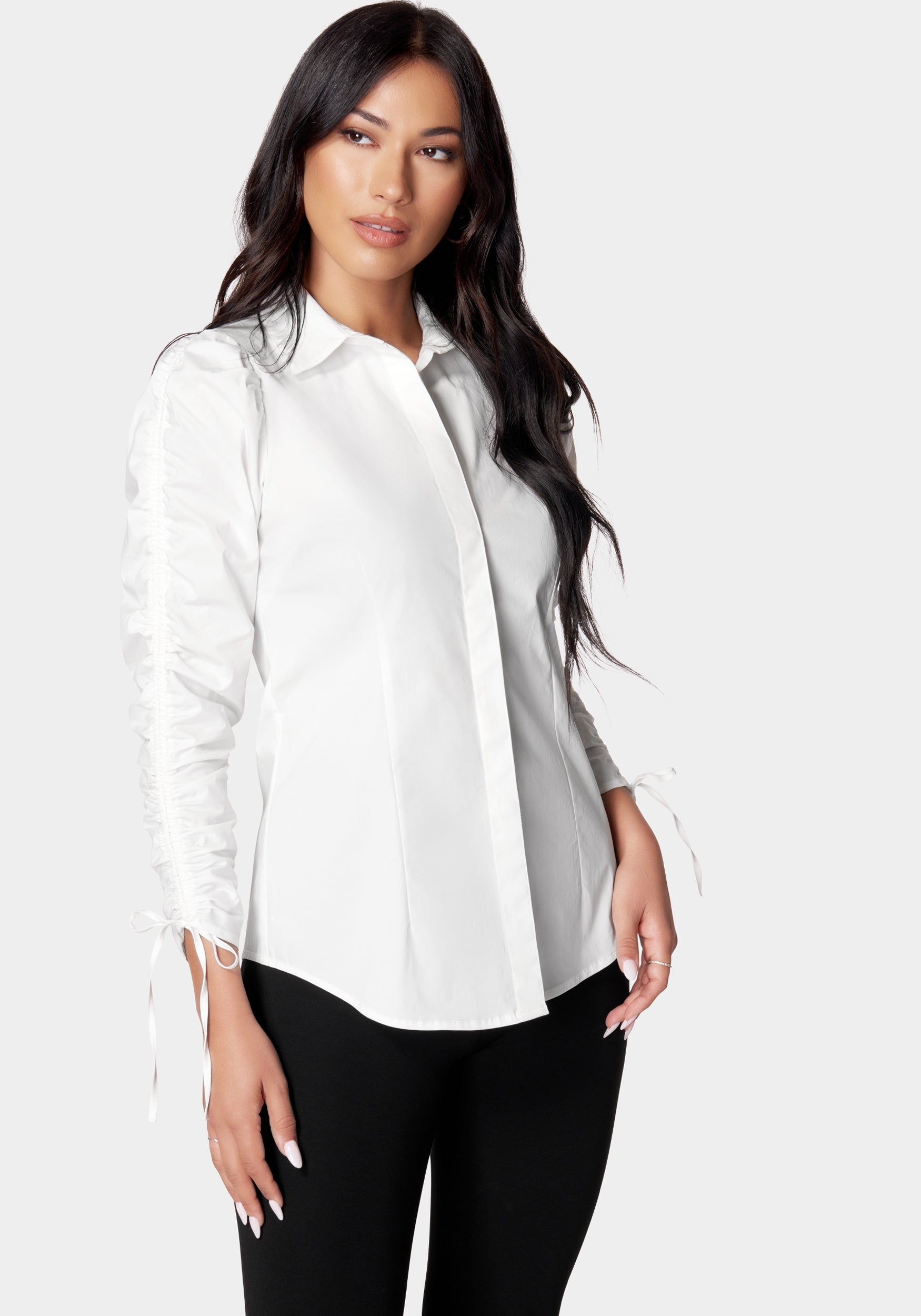 Stylish Ruched Sleeve Poplin Shirt for Women | Trendy Blouse for Office, Date Night & Casual Outfits