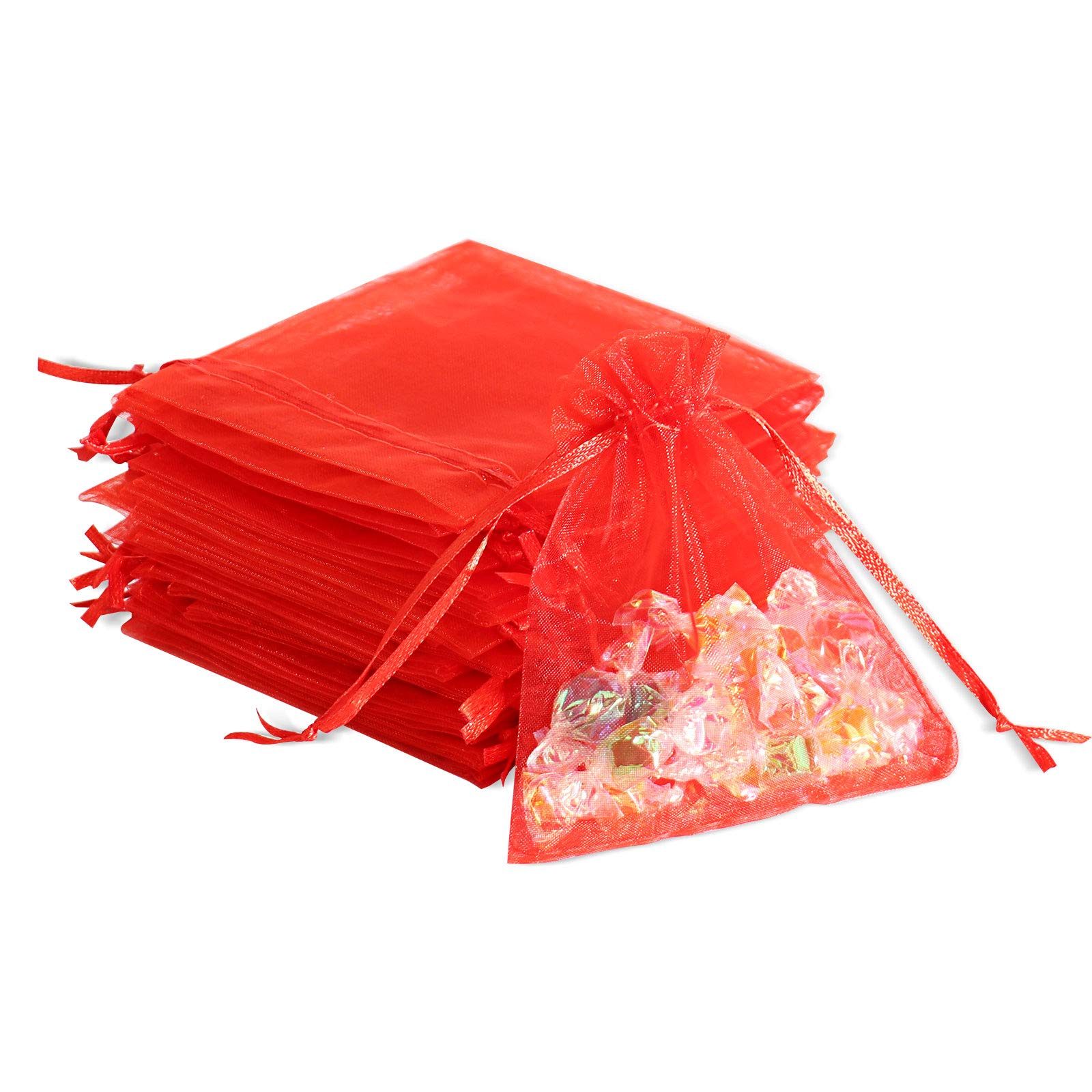 100Pcs 5x7 Inch Red Organza Gift Bags with Drawstring - Small Mesh Favor Pouches for Christmas, Wedding, Party Favors & Jewelry Packaging