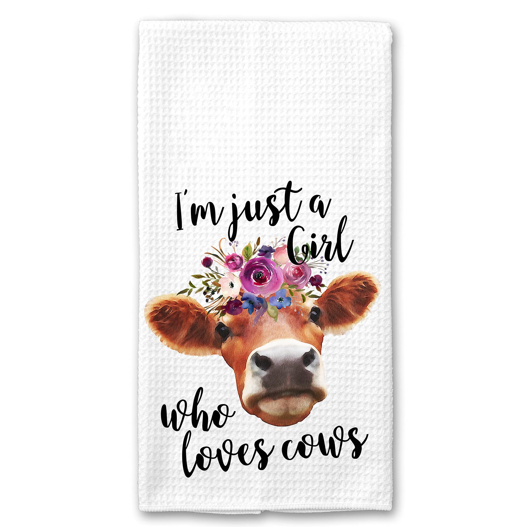 Funny Brown Cow Floral Microfiber Waffle Kitchen Towel - Farmhouse Decor, Cute Cow Lover Gift for Women - Perfect for Farmhouse Kitchens, Baking, and Country Style Home Decor