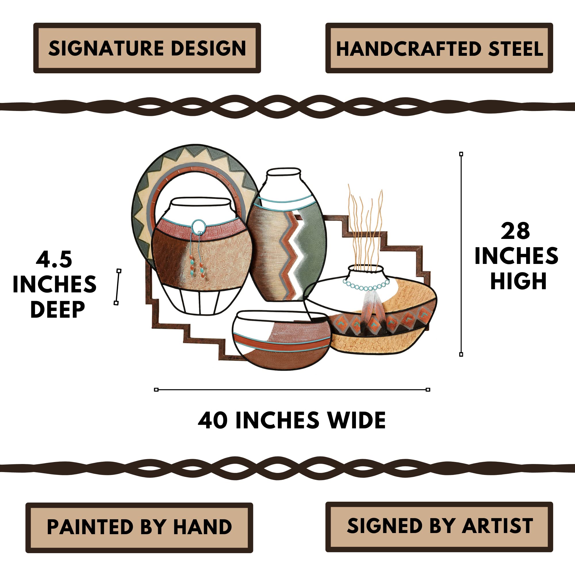 Southwestern Style Metal Wall Sculpture - Native Artifacts Multi Earth Decor | Handcrafted Vases, Charger & Bowl Set | Perfect for Southwest Aesthetic Home & Office Decor