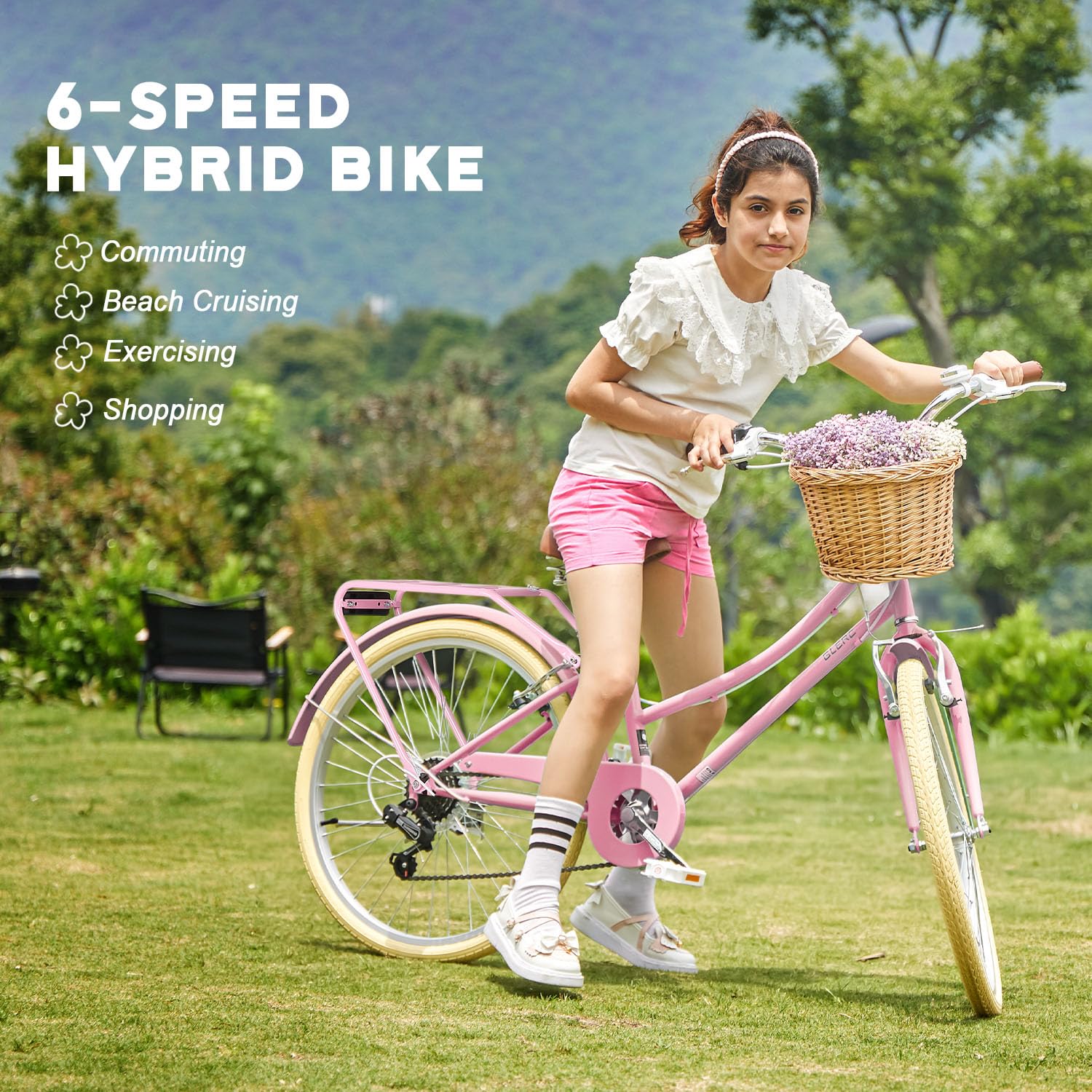 20 24 26 Inch 6-Speed Beach Cruiser Bike for Women & Girls - Lightweight Hybrid City Bicycle with Wicker Basket - Perfect for Commuting, Leisure Rides & Beach Outings - Multiple Color Options