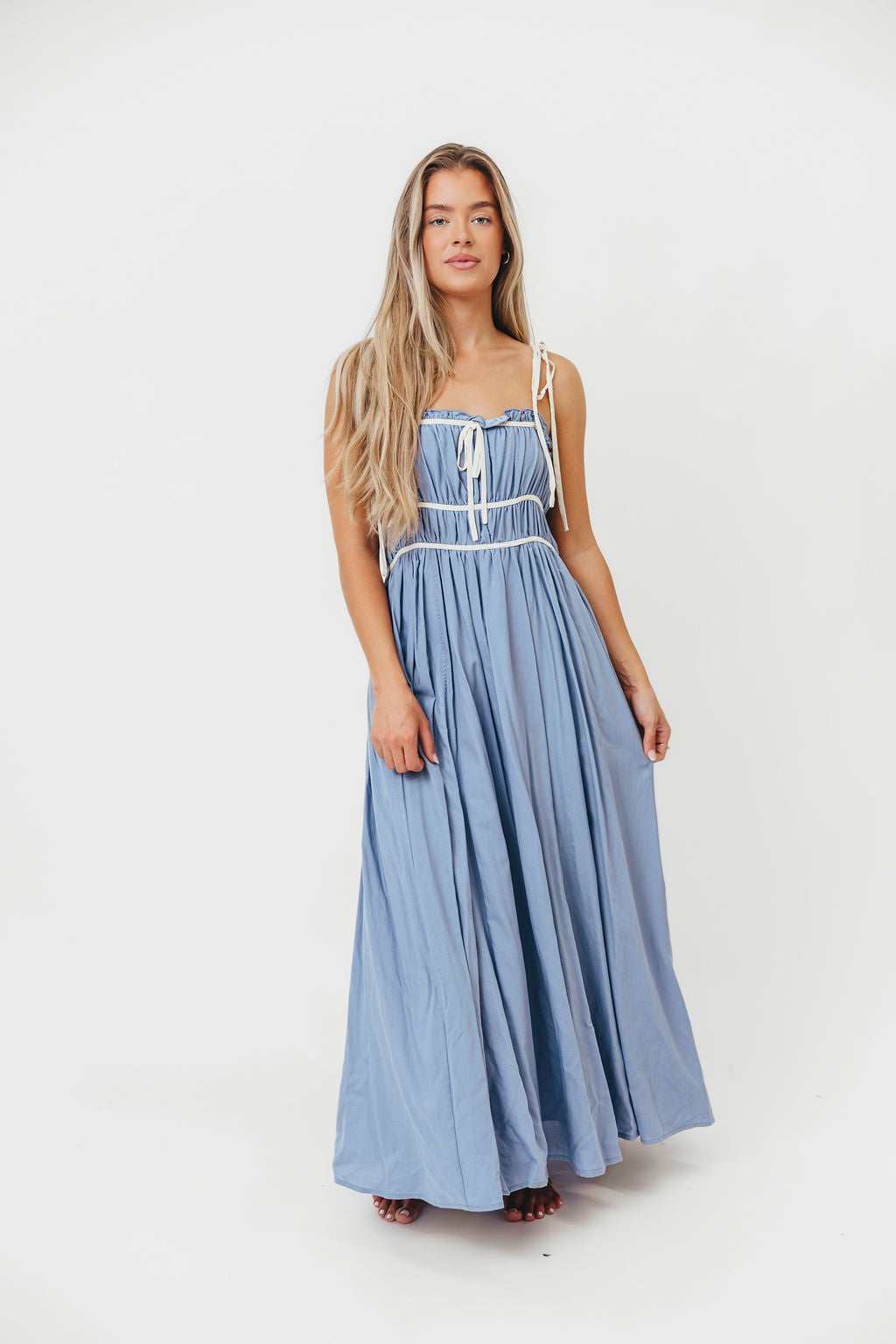 Hilsy Women's Cotton Blend Contrast Trim Maxi Dress - Elemental Blue | Flowy Long Dress for Summer, Beach, Vacation & Casual Wear