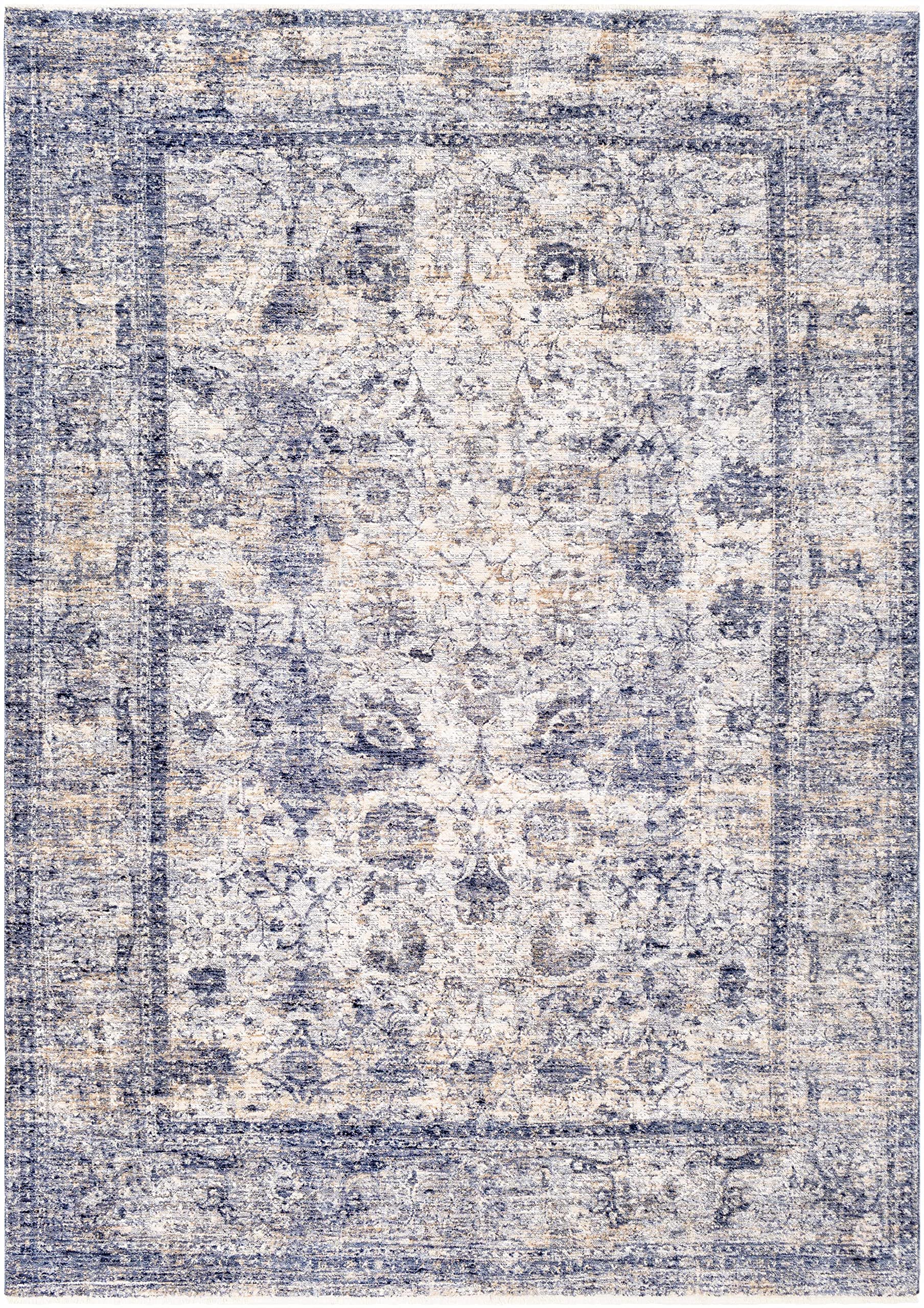Hauteloom Accokeek Traditional Blue and Beige Area Rug 8' x 10' - Soft Living Room & Bedroom Carpet for Home Decor - Perfect for Cozy Spaces, Family Gatherings, and Relaxing Evenings