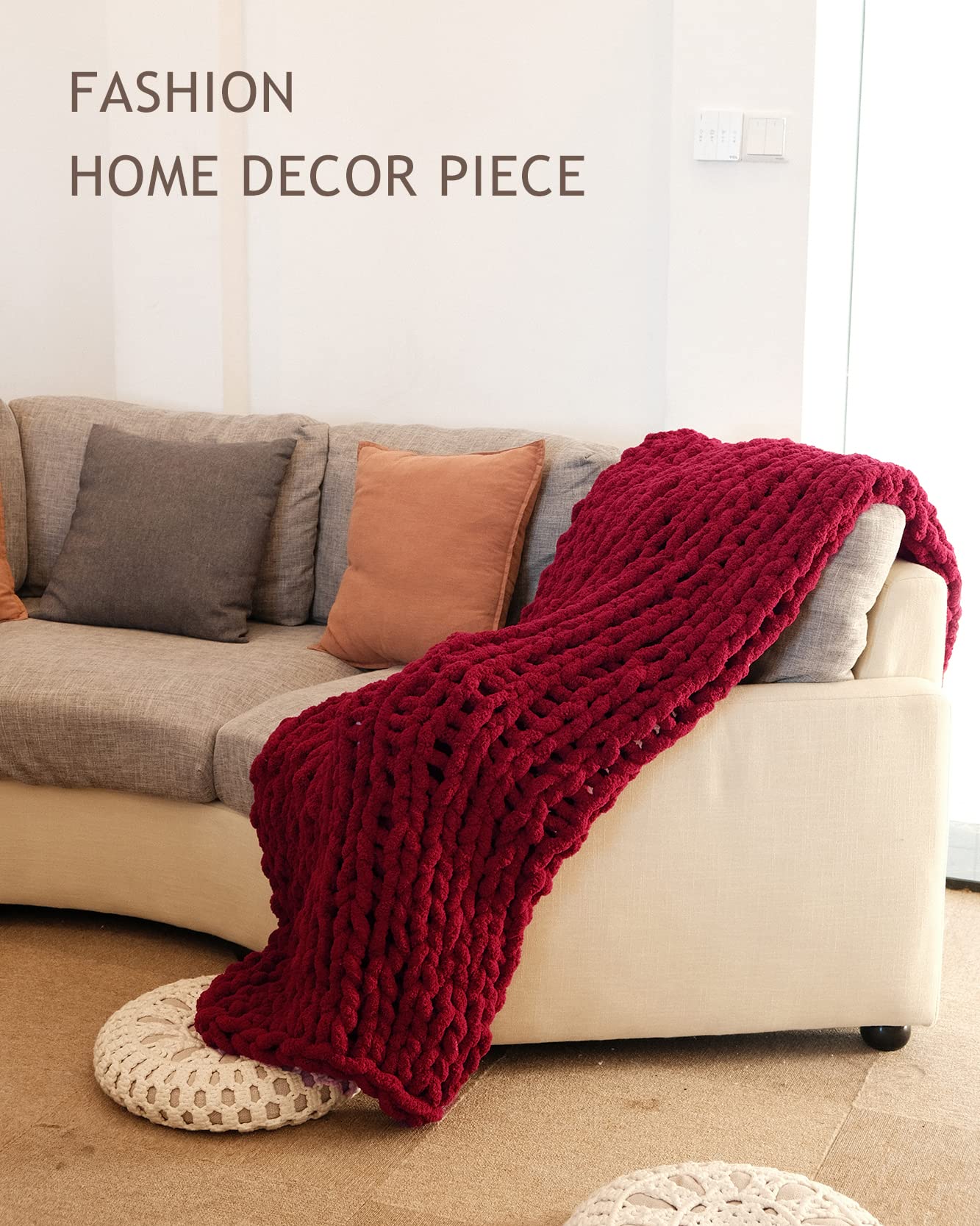 Alzoear Chunky Knit Throw Blanket - Chenille Handmade Cozy Warm Blanket for Sofa, Bed, Couch - Soft Luxury Home Decor for Living Room, Bedroom - Perfect for Winter Nights & Gift Giving (Burgundy, 60x80 Inches)