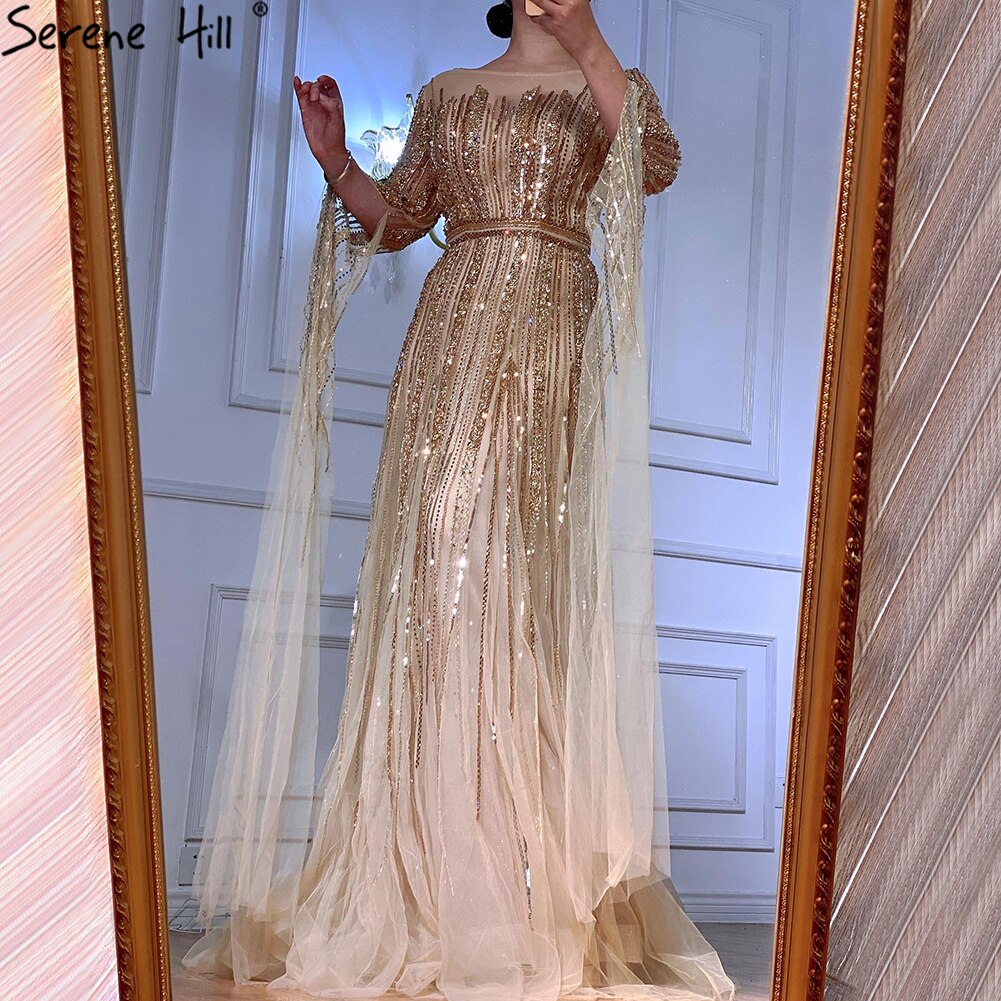 Serene Hill Luxury Gold Beaded A-Line Cape Sleeves Evening Gown for Women - Formal Dress LA70637 | Perfect for Prom, Gala & Wedding Events