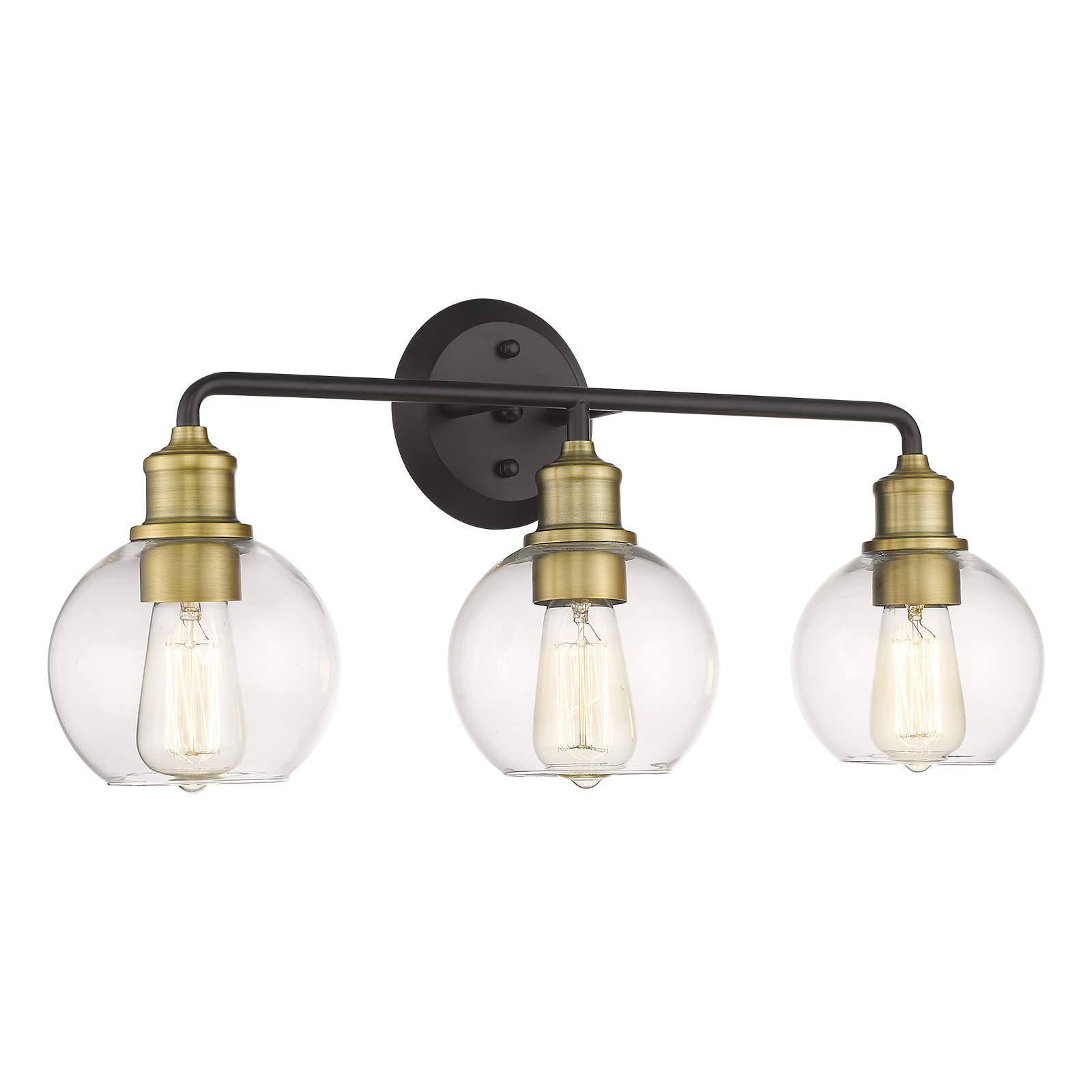 3-Light Bathroom Vanity Lights - Matte Black & Antique Brass Finish with Clear Glass Shade - Modern Bathroom Lighting Fixtures for Mirror - Perfect for Bathroom, Powder Room & Dressing Room Makeup Lighting (Model KW-7221-3)