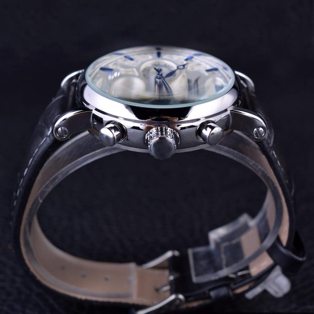 Luxury Blue Hands White Dial Leather Strap Men's Automatic Mechanical Watch with 3 Subdials & Diamond Accents - Perfect for Business, Formal Events & Gift Giving