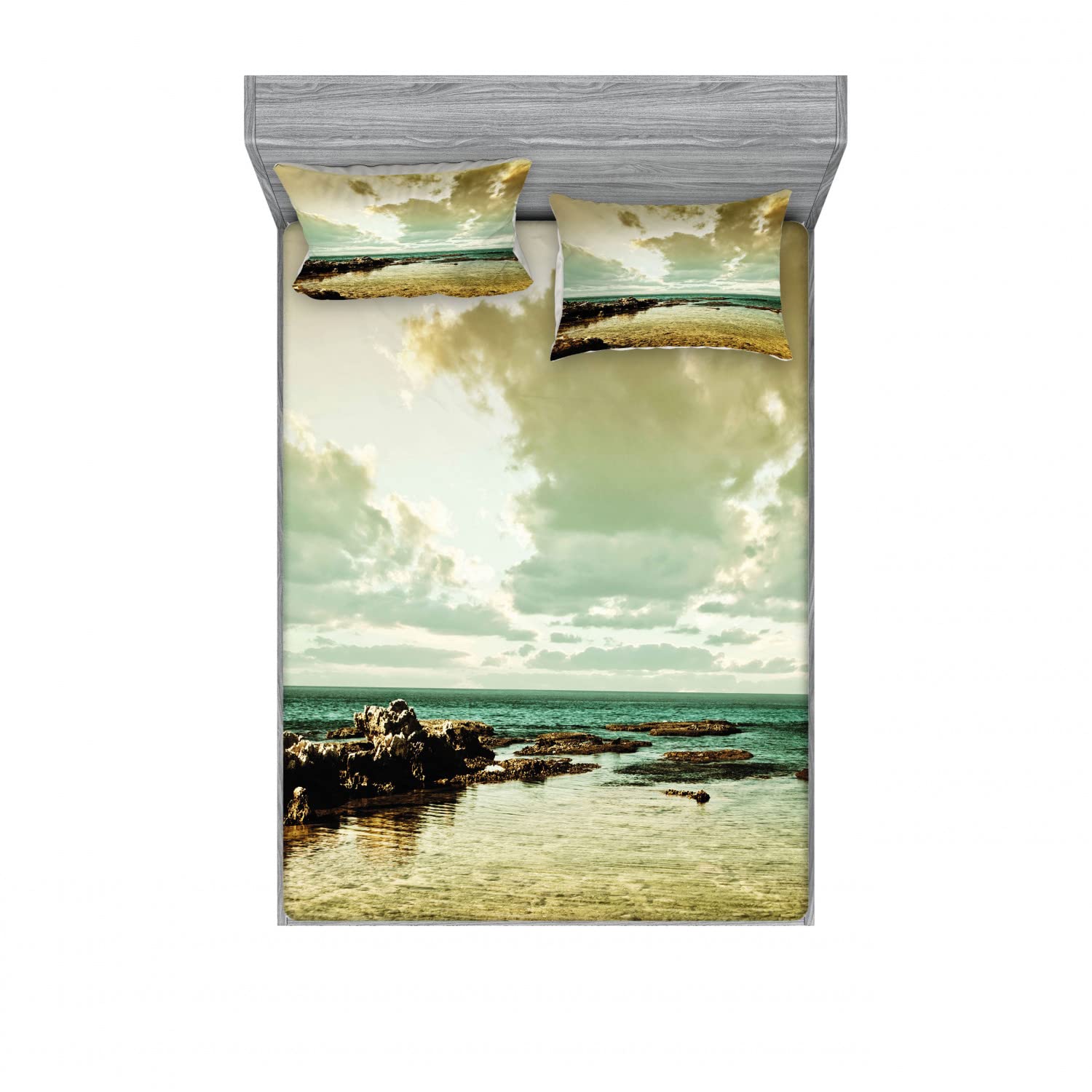 Ambesonne 2-Pack Full Size Fitted Sheet Set with 4 Pillow Shams - Ocean Island Scenic Bedding in Beige Sepia Teal | Coastal Themed Bedroom Decor for Guest Rooms & Vacation Homes