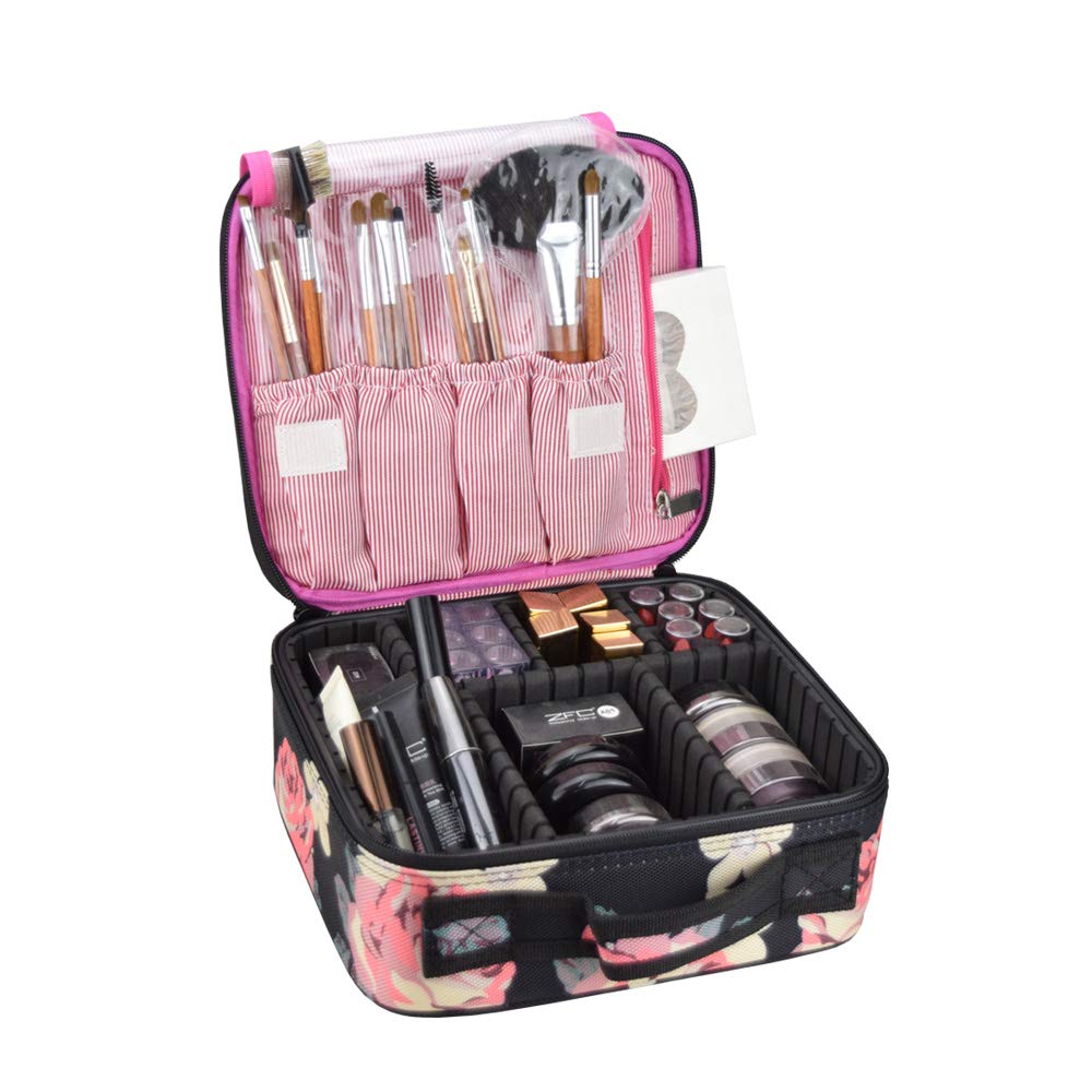 Waterproof Travel Makeup Bag with Adjustable Dividers - Portable Cosmetic Organizer Case for Professional Makeup Brushes & Accessories - Ideal for Travel, Salon & Home Use (Floral Design)