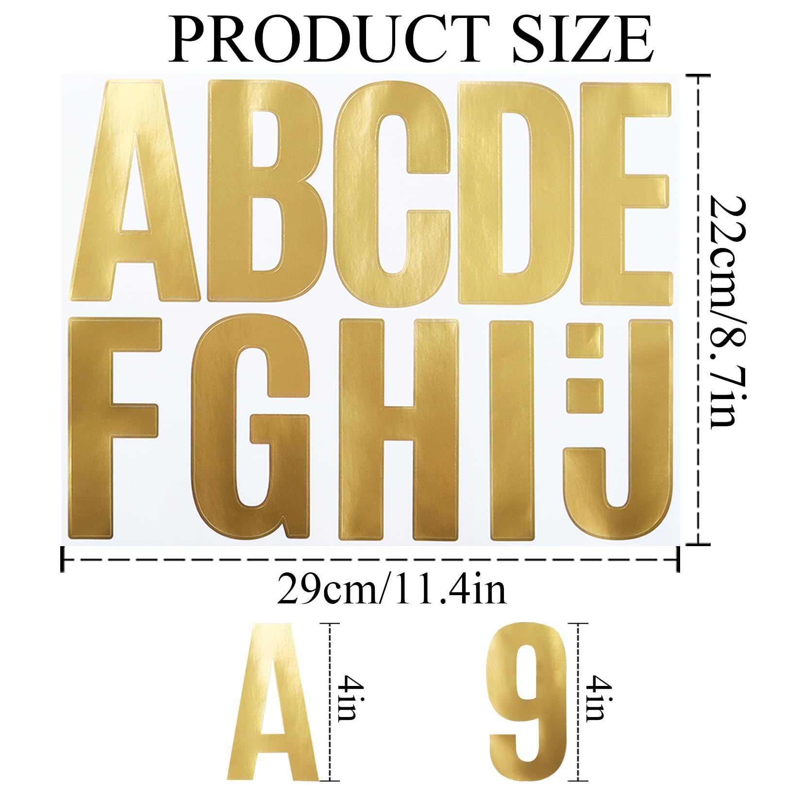 4 Inch Gold Vinyl Alphabet Stickers - 12 Sheets Self-Adhesive Letter Number & Punctuation Stickers for Mailbox, Scrapbooking, DIY Crafts, Home Decor - Perfect for Arts Projects, Party Decorations & Classroom Activities