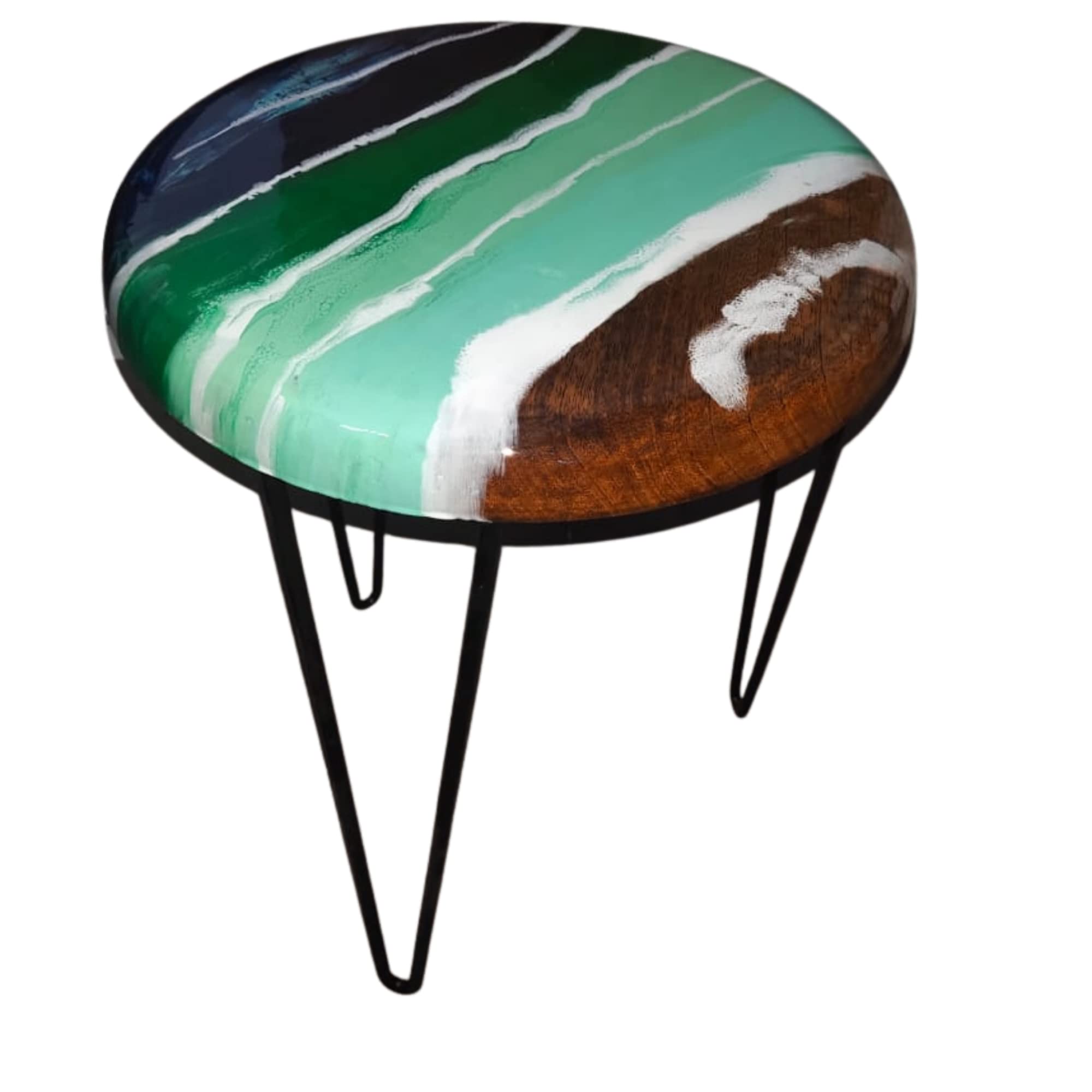Handmade Epoxy Resin River Table with Wood & Turquoise - Modern Round Dining Table with Iron Legs - Glossy Finish for Living Room, Office, or Restaurant Decor