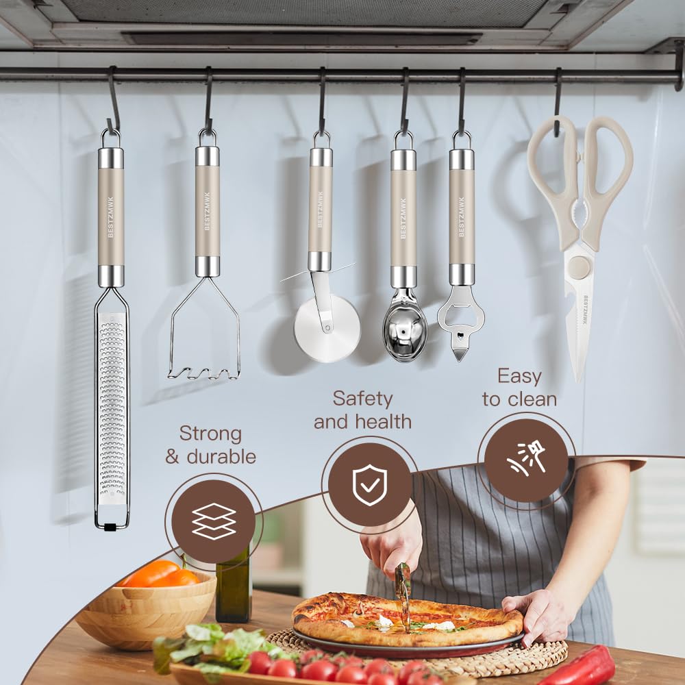 33-Piece Non-Stick Silicone Kitchen Utensil Set with Stainless Steel Handles & Holder - Spatulas, Ladles, Tongs for Cooking & Baking - Perfect for Home Chefs & Professional Kitchens (Khaki)
