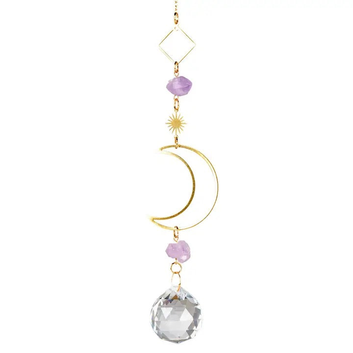 Moon With Amethyst Crystal Suncatcher - Handmade Healing Crystal Window Decor for Home & Office - Perfect for Meditation, Yoga Spaces & Spiritual Gifts