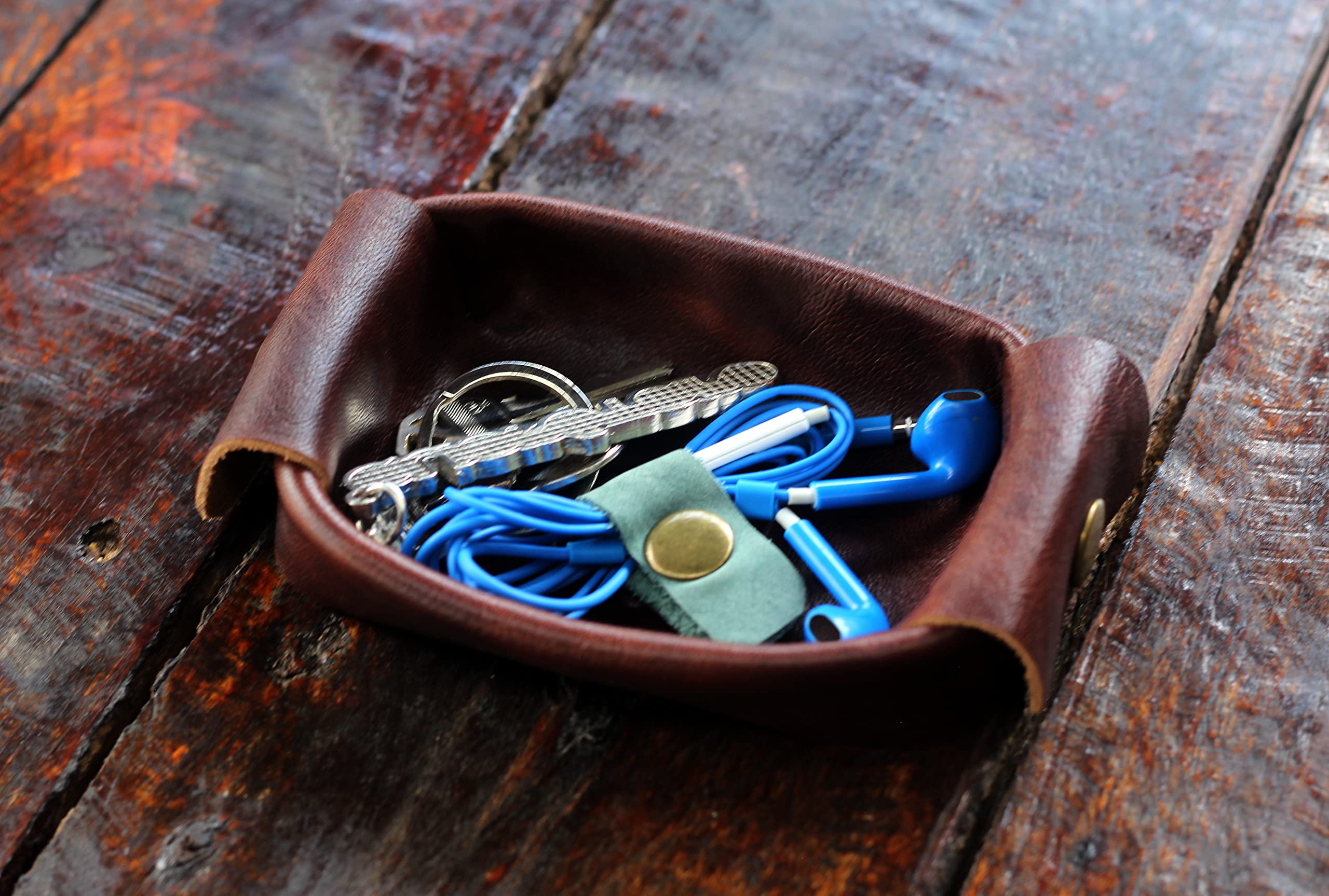 Handmade Genuine Leather Valet Tray - Brown Small Desk Organizer for Keys, Wallet & Watch | Premium Office & Home Accessory