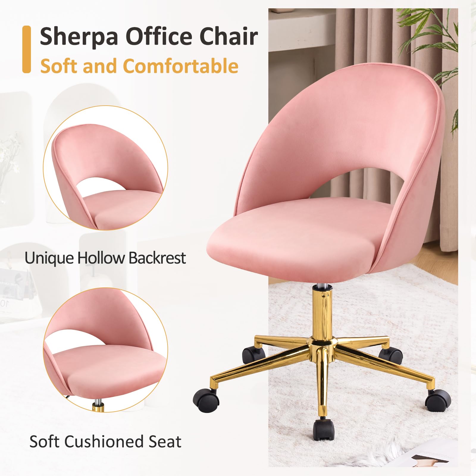 Furniliving Pink Vanity Chair with Back - Cute Rolling Upholstered Accent Chair for Girls, Makeup Room, Bedroom & Living Room - Soft Pink Velvet Office Desk Chair for Women's Dressing Table & Home Decor