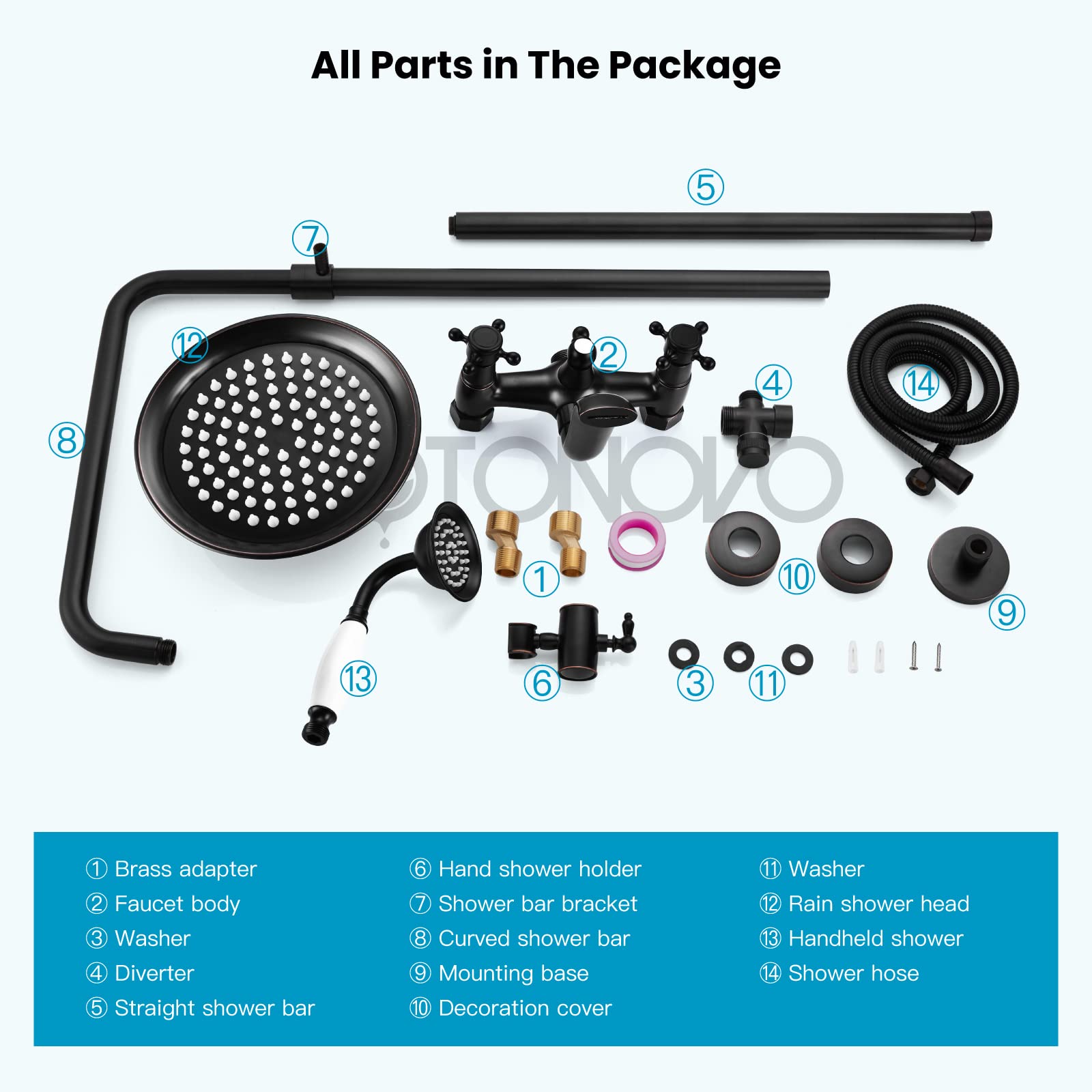 Gotonovo 8 Inch Rainfall Shower System - Oil Rubbed Bronze Exposed Bathroom Faucet with Tub Spout, Handheld Spray & Double Cross Handles - Perfect for Outdoor Showers, Modern Bathrooms & Spa-Like Experiences