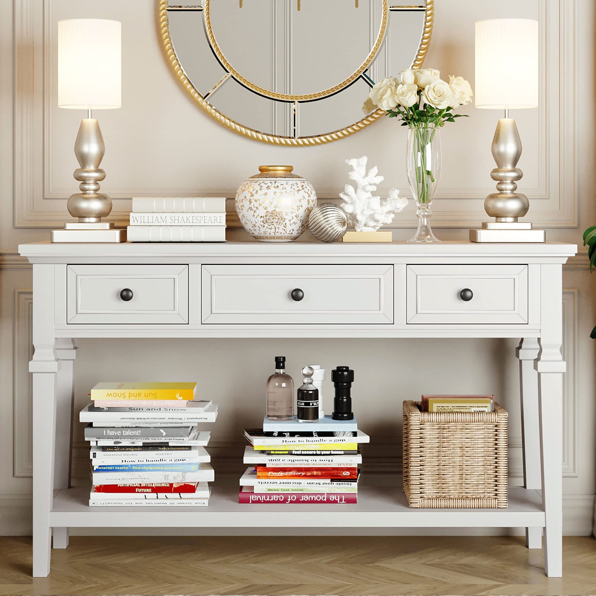 Merax Classic Retro Style Wood Sofa Table Console Table - 3 Drawers & Open Shelf Entryway Table for Living Room, Hallway, Dining Room - Easy Assembly Antique White - Perfect for Home Decor, Small Space Furniture & Entryway Organization